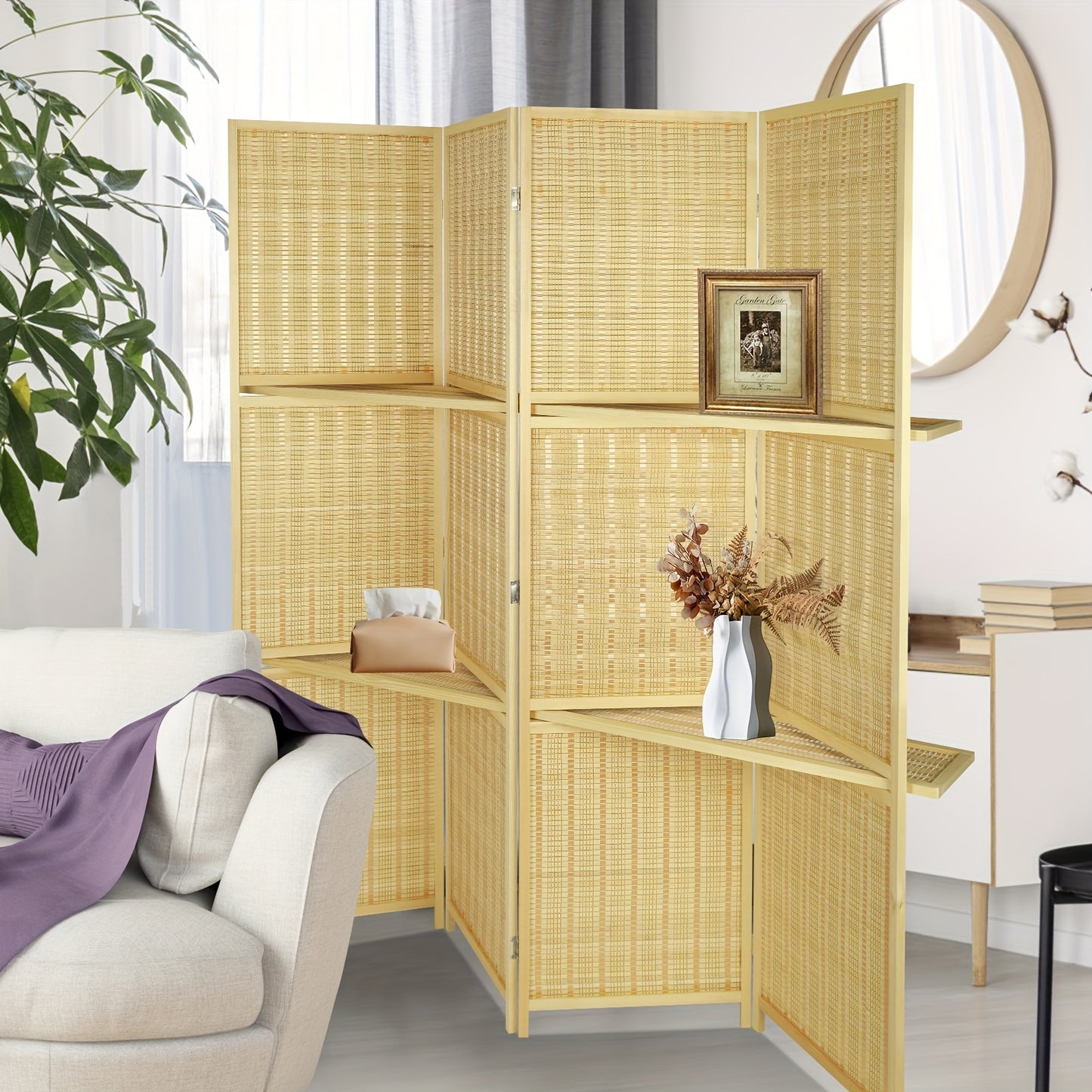 Room Divider With Shelves, Bamboo Room Divider 4 Panel, Folding Screen, Room Dividers And Folding Privacy Screen, Portable Room Divider Screen For Home Office Studio Apartment Garage