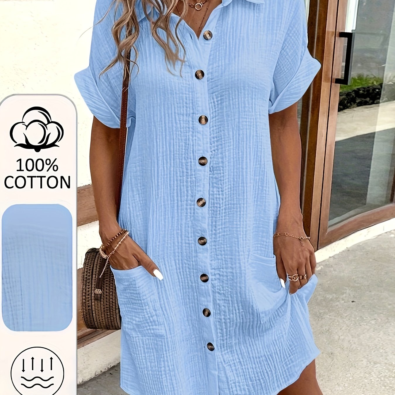 100% V-Neck Blouse Dress for Women - Light Blue Casual Shirt Dress with Button Details, Short Sleeves, and Collar, Machine Washable, All-Season Comfort, Allseason Dress | Vneck Dress | Button Detailing