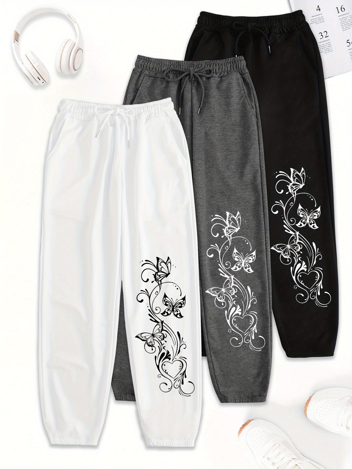 Women's 3-Pack Polyester Drawstring Sweatpants with Pockets - Loose Fit Casual All-Season Knit Joggers with Floral Print Detail