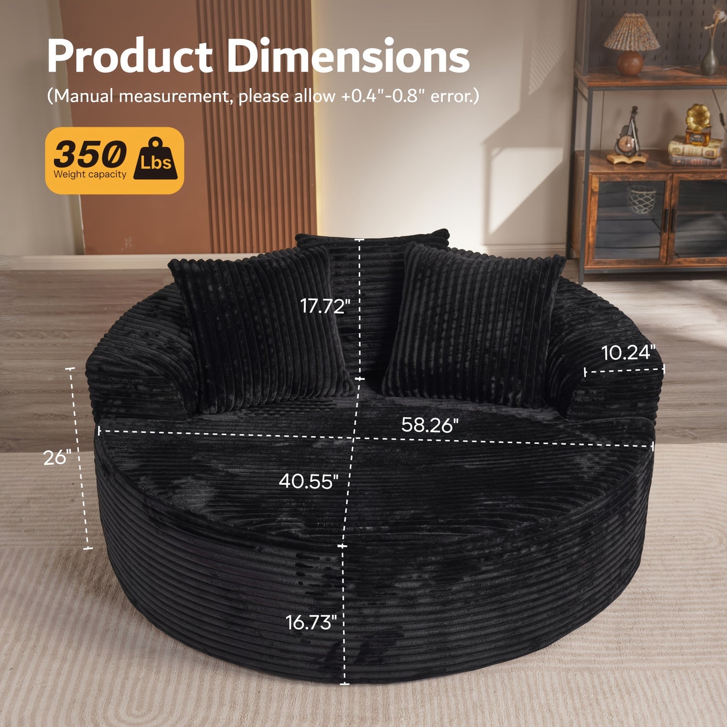 58.26" O-Shape Luxurious Modular Boneless Couch, Oversized Round Plush Corduroy Fabric Sofa, No Assembly Required Furniture Living Room Lounge Chair