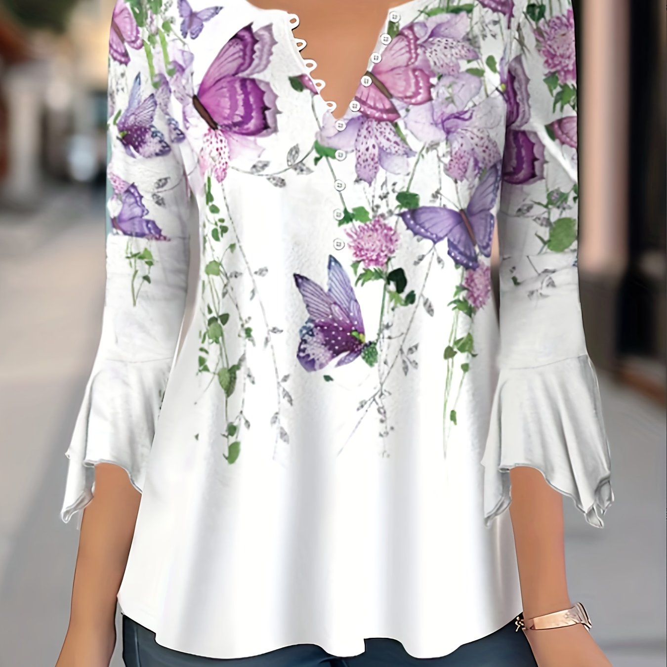 Saint-Simons Women's Floral Butterfly Print V-Neck Blouse - 3/4 Sleeve Stretchy Casual Shirt, Lightweight Breathable Machine-Washable Top for Spring Summer Fall, White Green Purple