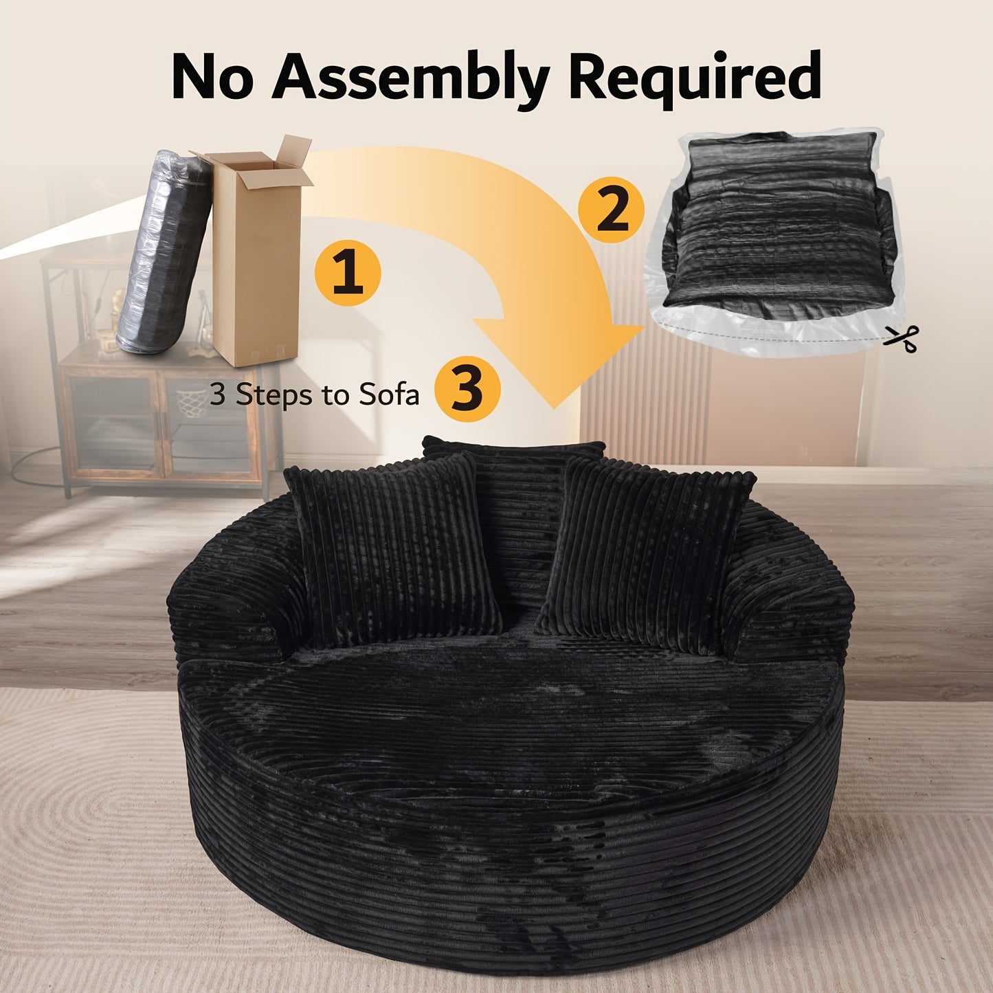 58.26" O-Shape Luxurious Modular Boneless Couch, Oversized Round Plush Corduroy Fabric Sofa, No Assembly Required Furniture Living Room Lounge Chair