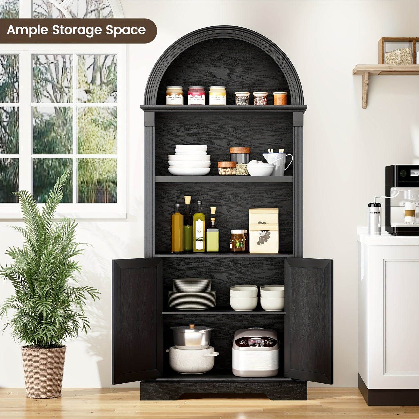 HWB 71" Tall Arched Kitchen Pantry Cabinet with LED Lights - Adjustable Shelves, Open Storage for China, Books & Kitchenware, Modern Wood Cabinet