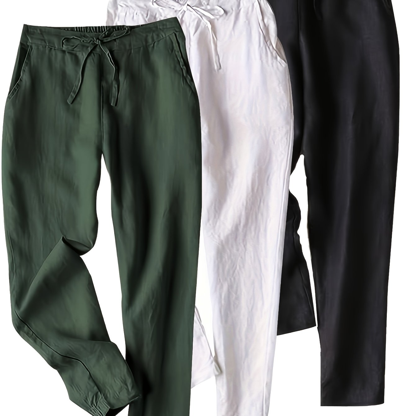 3pcs Linen Pants Women'S Summer Casual High Waist Drawstring White Beach Pants
