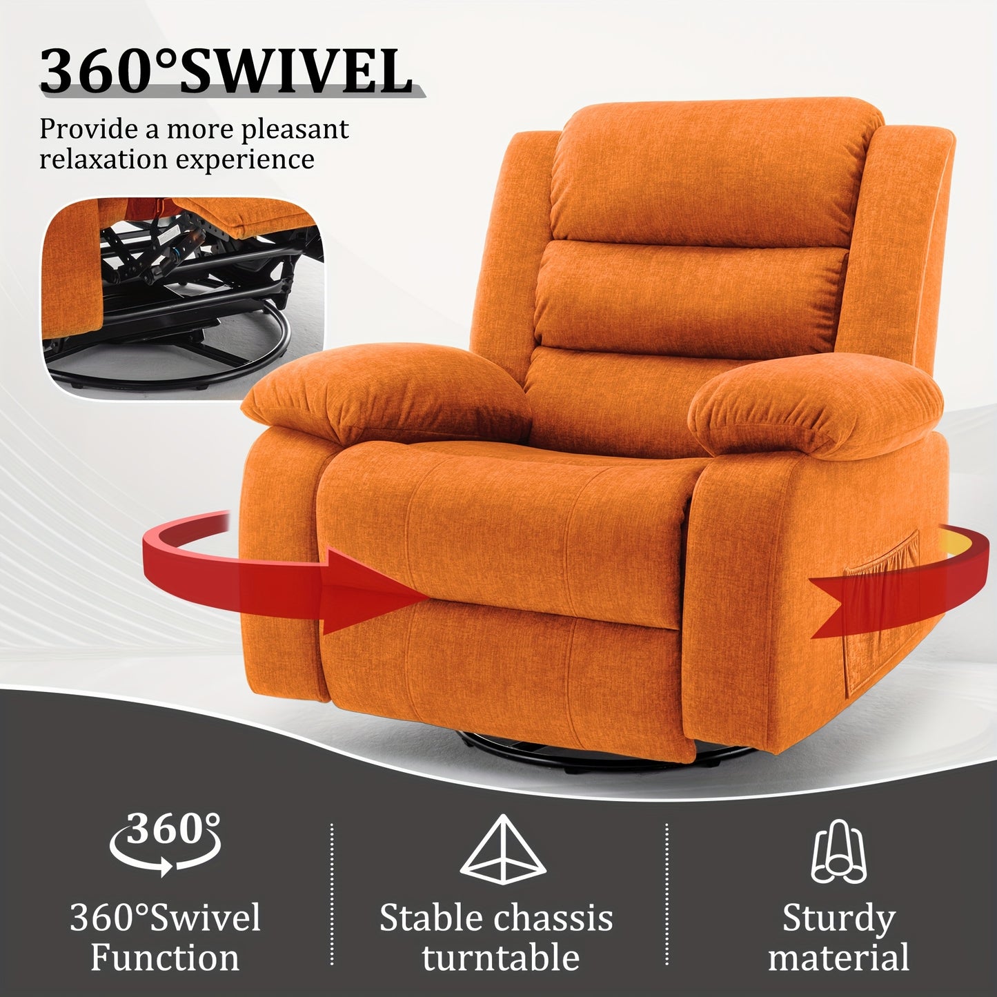 360° Rotating Extra-Large Recliner Chair with Massage & Heating Functions - Manual Adjustable Orange Cashmere Rocking Chair for Adults, Ergonomic Design with Side Pockets, Mother's Day/Father's Day Gift for Living Room, Chai