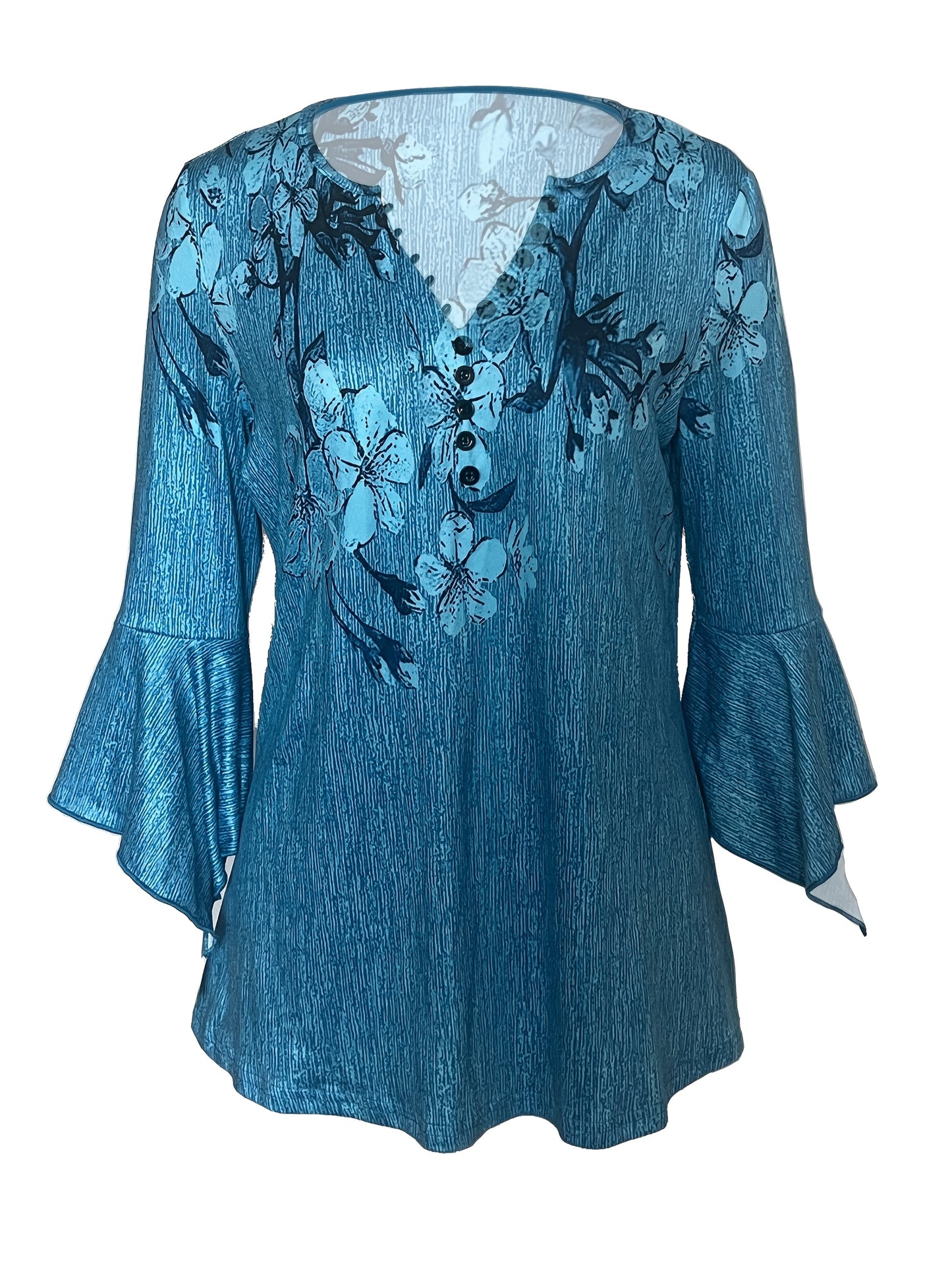 Spring And Autumn New Printed Button Irregular Three-quarter Sleeve T-shirt Casual Top