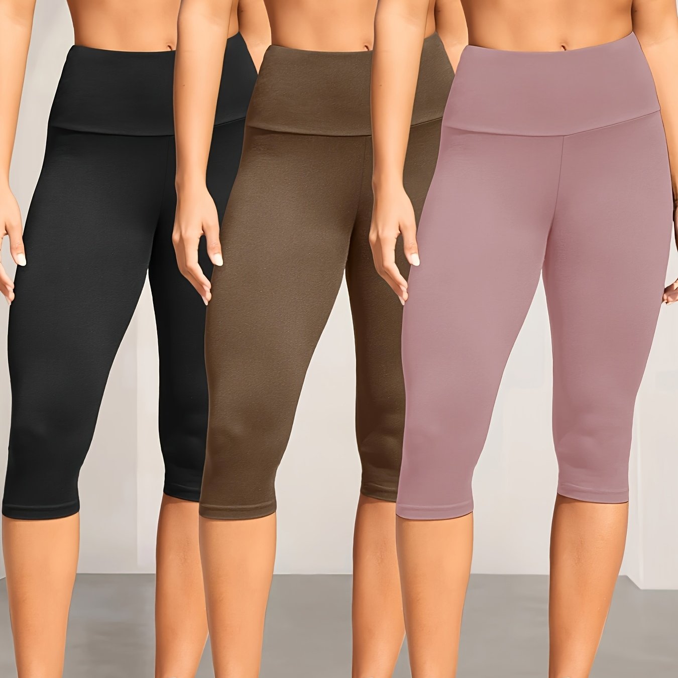 3-Pack Women's High Waisted Tummy Control Yoga Capri Pants - Super Soft Non-See Through Workout Leggings, High-Elasticity Machine Washable Solid Color for Running, Gym & Casual Wear (Spring/Summer/Fall)