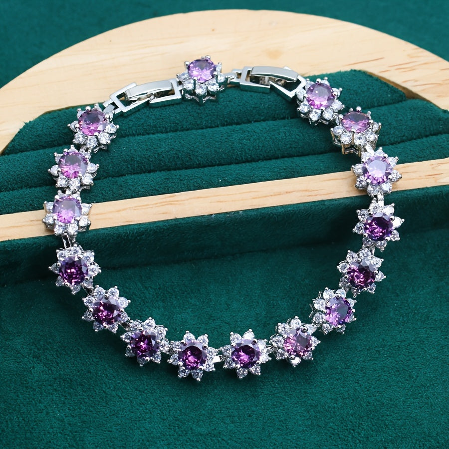 5pcs Vintage Style Christmas Jewelry Set - Purple Cubic Zirconia, Golden Plated Copper, Flower Design, Includes Earrings, Open Ring, Necklace, Pendant, Bracelet, Gift Box - Party & Gift Occasion Jewelry for Women
