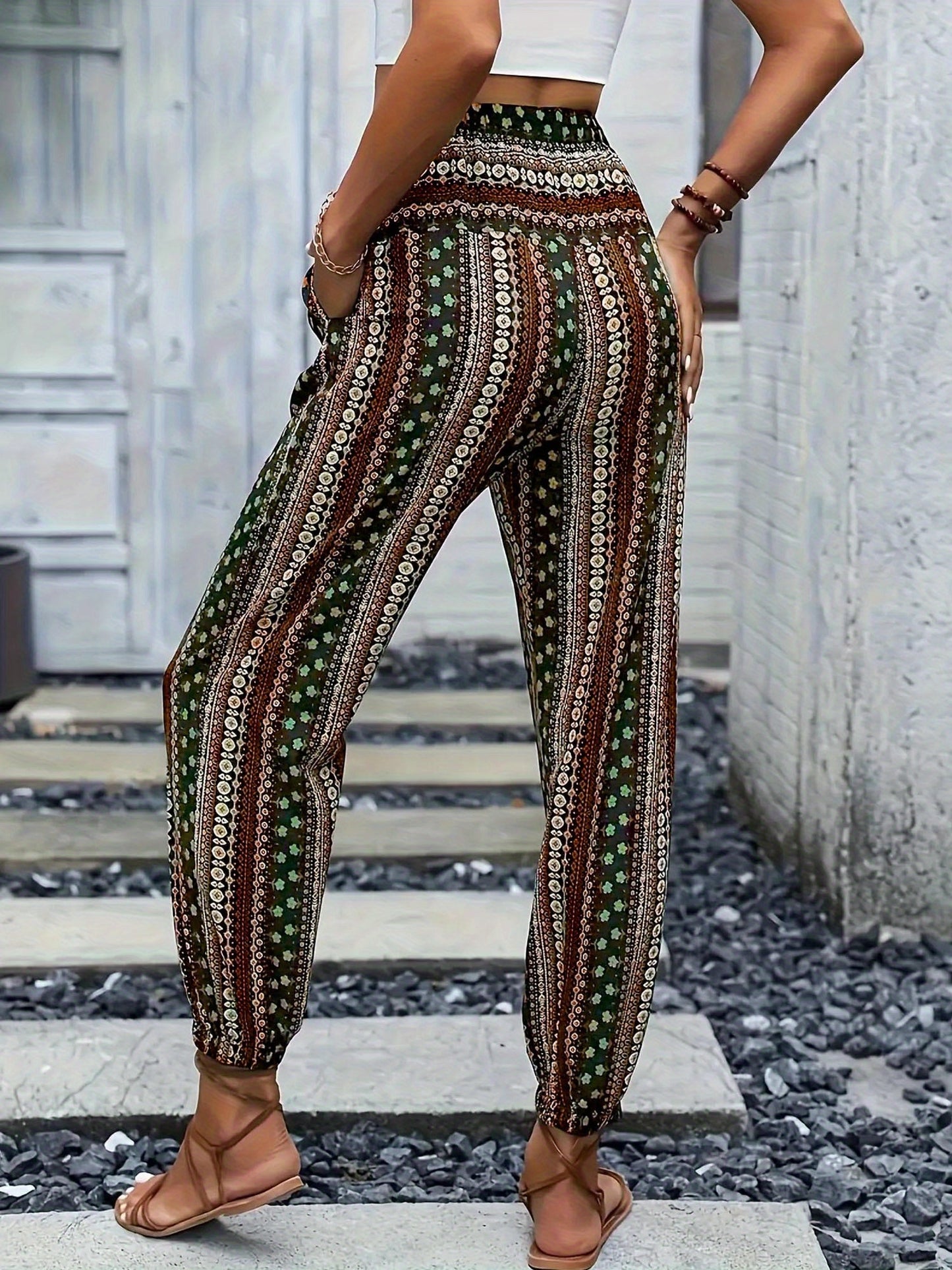 Women's Loose Fit Linen-Textured Polyester Harem Pants - Casual Summer Tapered Ankle Trousers with Pockets, Elastic Waist & Button Closure, Random Print for Outdoor