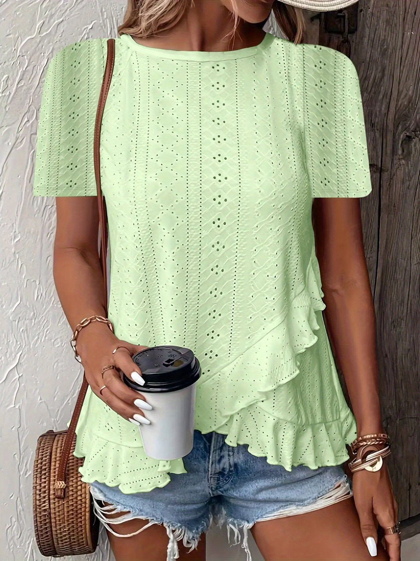 SINHOON Women'S Summer Casual Short Sleeve Solid Color Round Neck T-Shirt With Asymmetrical Hem