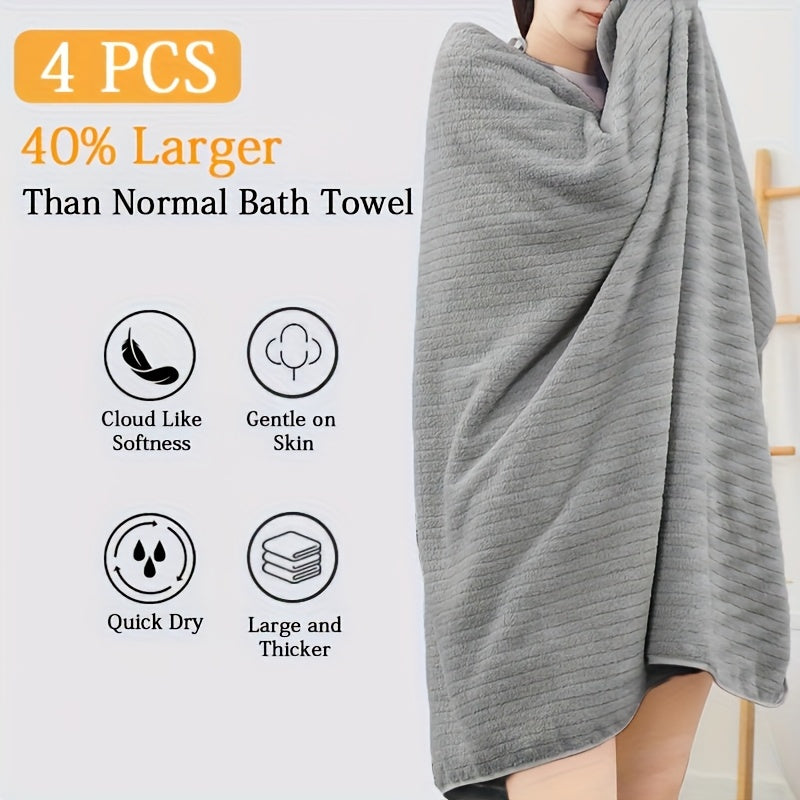 4pcs Shower Towels (Oversized) - Extra-Large Size, Microfiber Material, Soft & Fluffy + Highly Absorbent & Quick-Drying, Suitable for Bathroom/ Hotel/ Spa Use