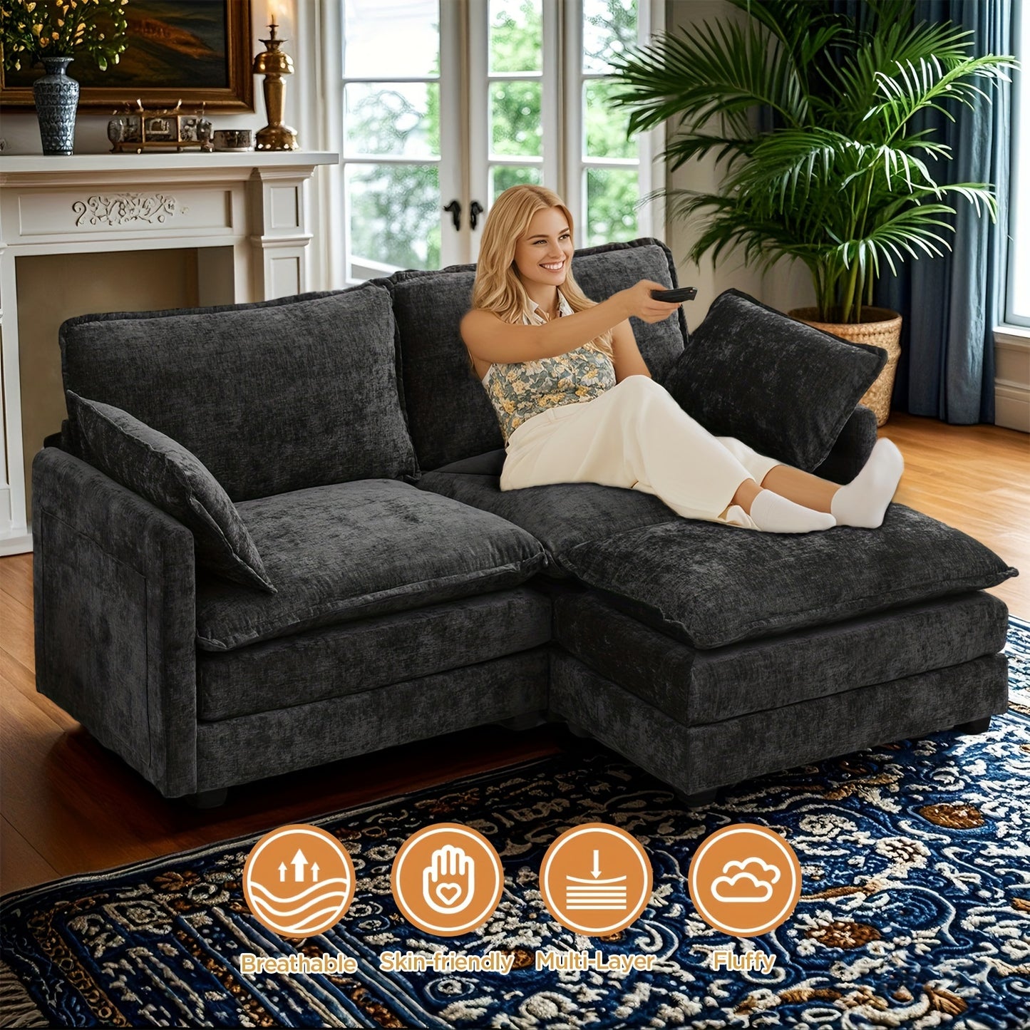 Royal Blue Chenille Sectional Sofa - 2-Seater Deep Seat Couch with Ottoman, Contemporary Hardwood Frame, Plush Upholstery for Living Room or Home Office, Couch for Living Room