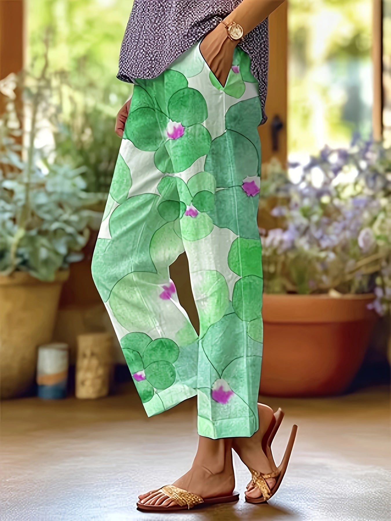 Women's Elegant Floral Print Straight-Leg Casual Pants with Pockets - Machine Washable Non-Stretch Fabric, All-Season Versatile Trousers for Casual Attire & Leisure Activities, Relaxed Activity Trousers, No Stretch Fabric