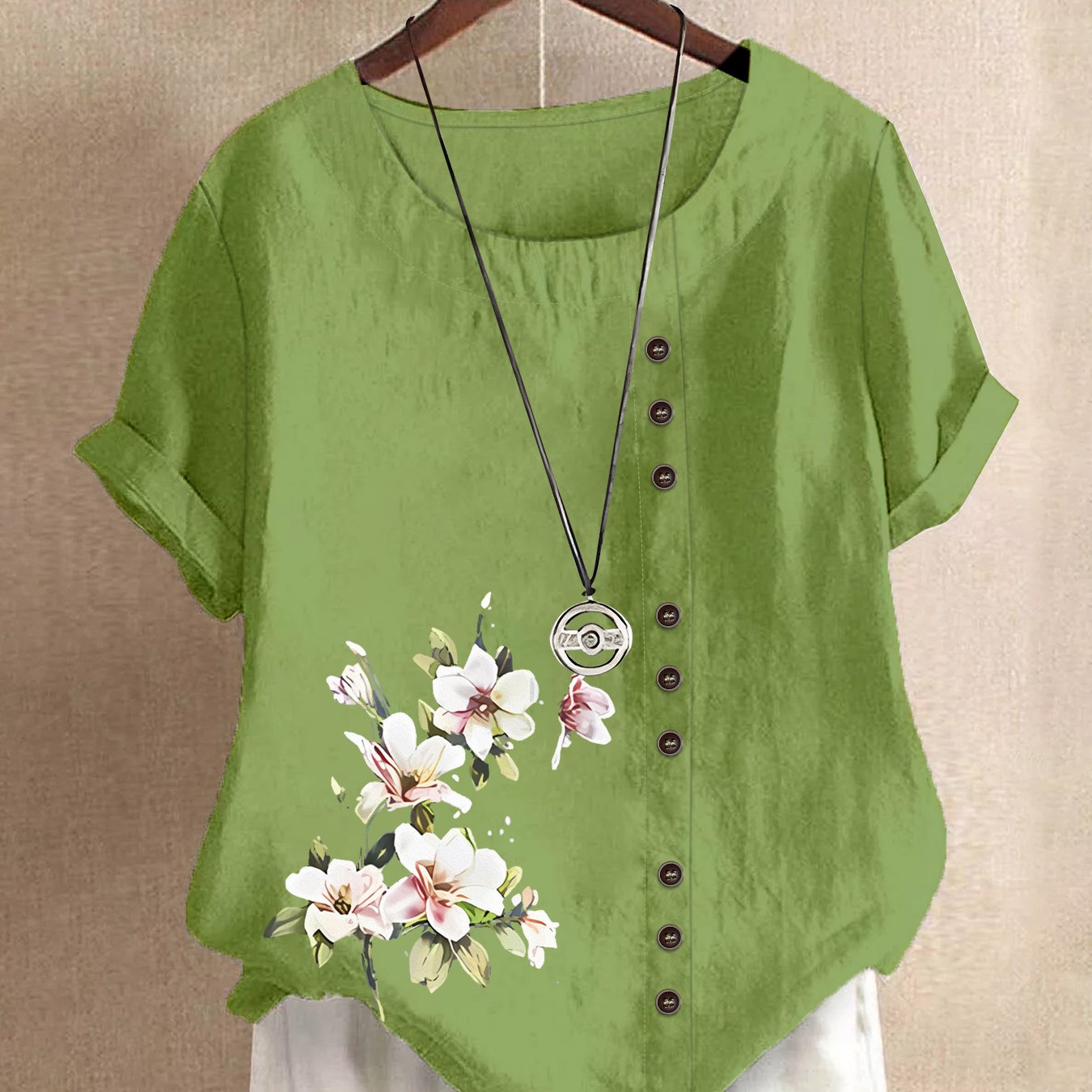 Women'S Relaxed Fit Short Sleeve Blouse with Floral Pattern - Navy Blue, Round Neck, Button-Up, Casual Style, All-Season Wear, Casual Wear Blouse | Floral Pattern Top | Durable Fabric, Ladies T Shirts