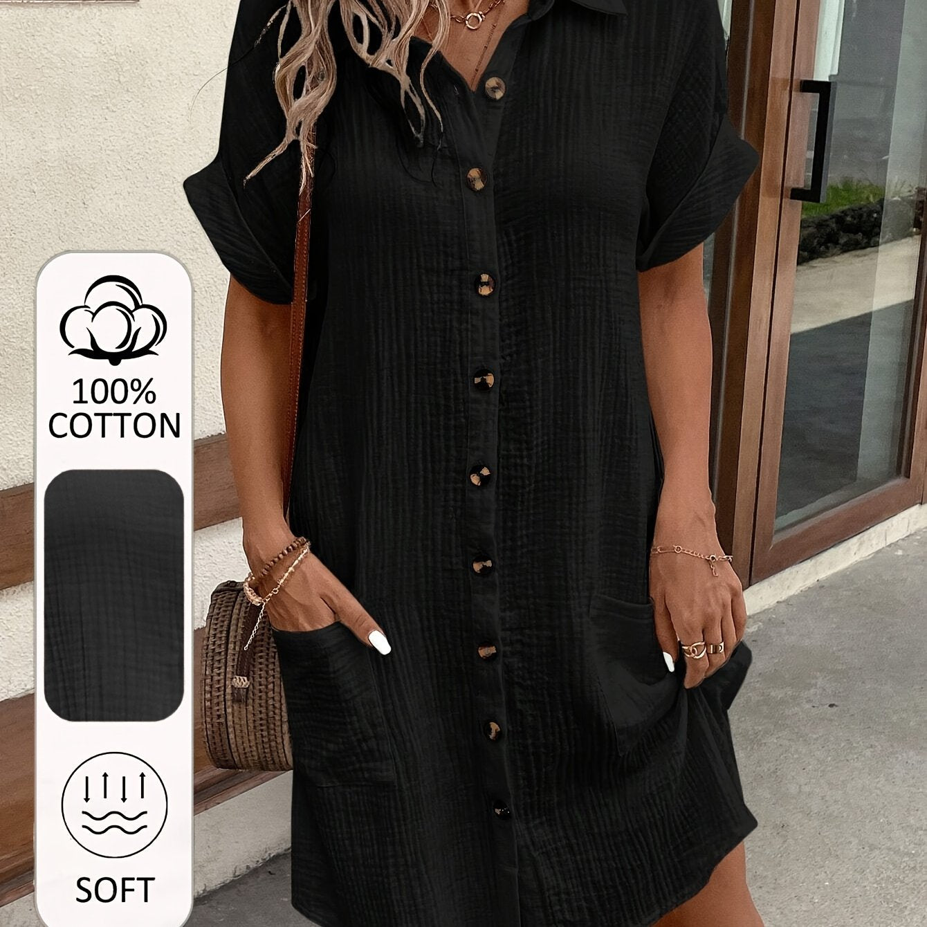 100% V-Neck Blouse Dress for Women - Light Blue Casual Shirt Dress with Button Details, Short Sleeves, and Collar, Machine Washable, All-Season Comfort, Allseason Dress | Vneck Dress | Button Detailing