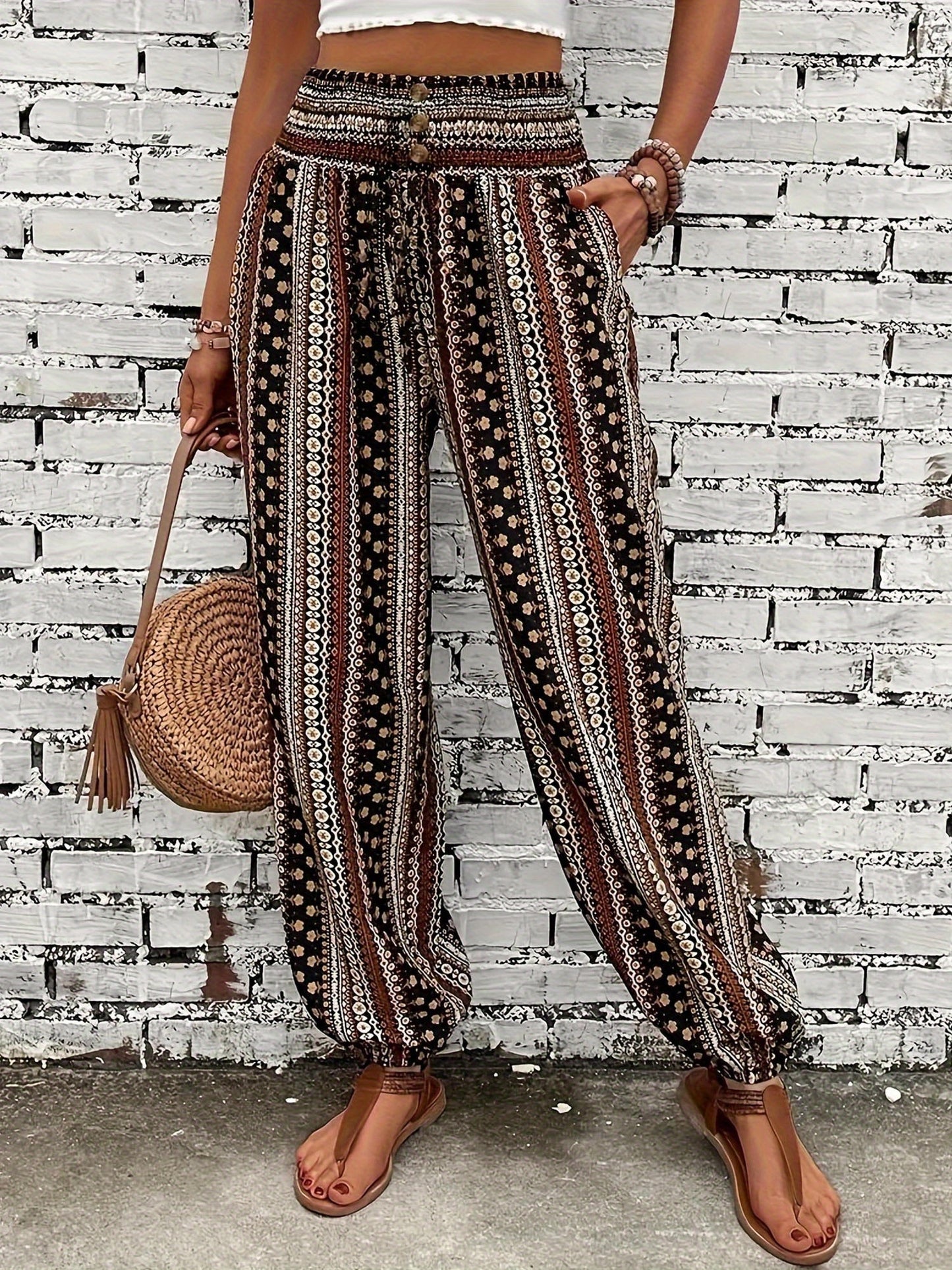 Women's Loose Fit Linen-Textured Polyester Harem Pants - Casual Summer Tapered Ankle Trousers with Pockets, Elastic Waist & Button Closure, Random Print for Outdoor