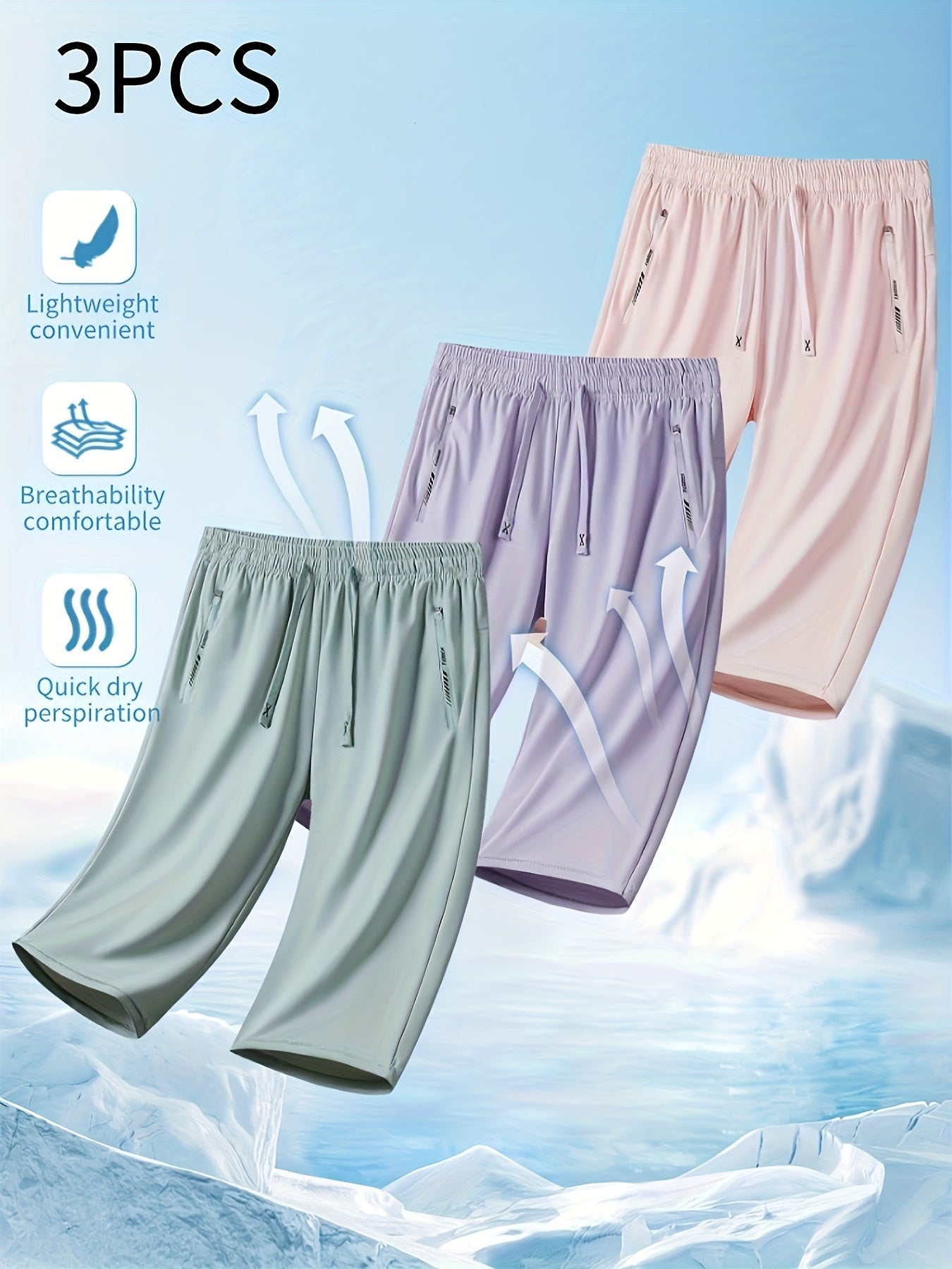 Three Pairs Of Summer Women's Shorts, Women's Solid Color 3/4 Pants, Elastic Drawstring At The Waist, Diagonal Zipper Pocket, Nylon And Spandex Medium-elastic Fabric Pants, Ice Silky Quick-drying Sports Pants, Women's Pants