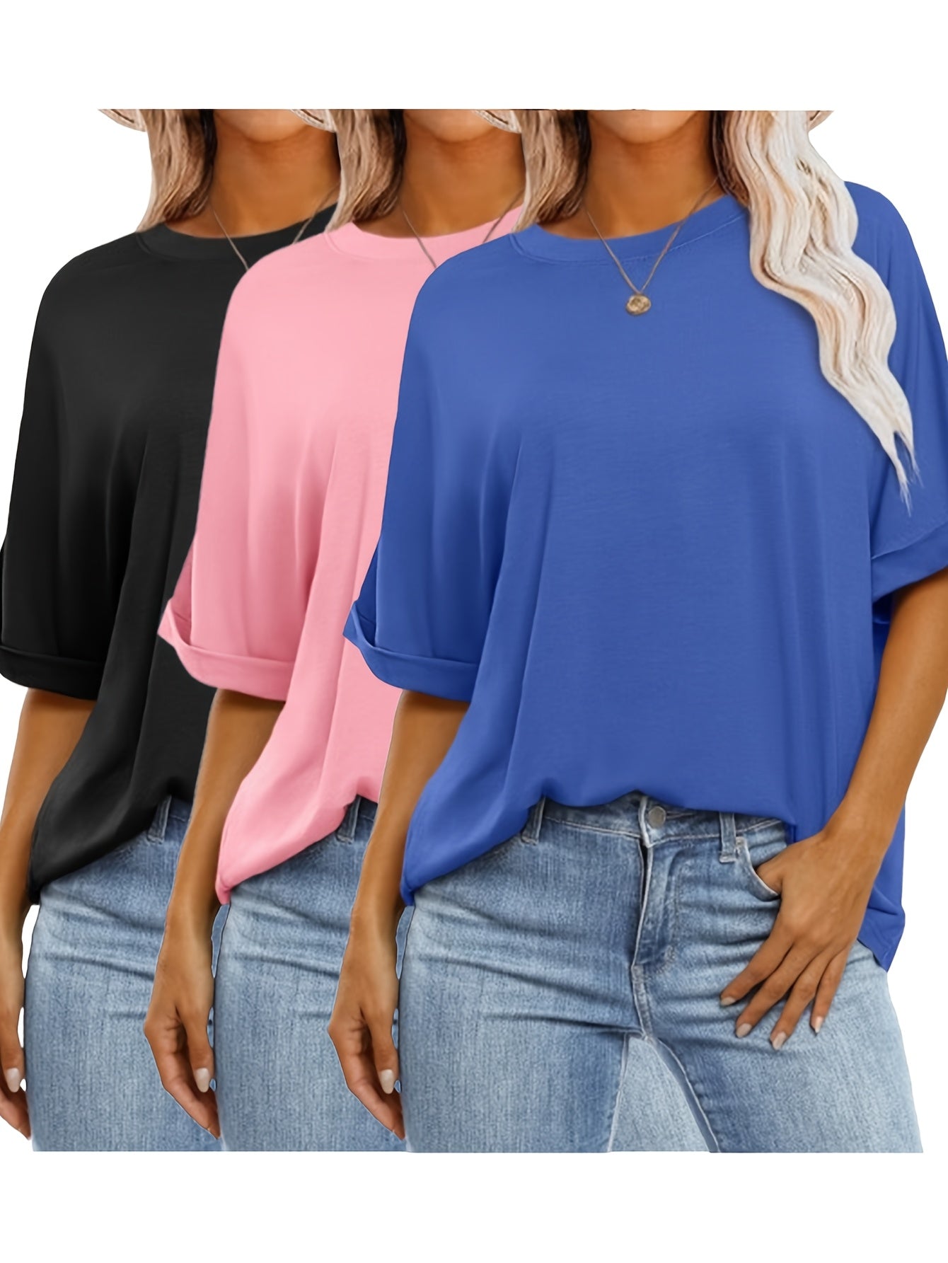 Three-Piece Women's Top Set Oversized T-Shirt Short Sleeve Round Neck Summer Casual Loose Basic Tee 2025 Trendy Fashion Clothing