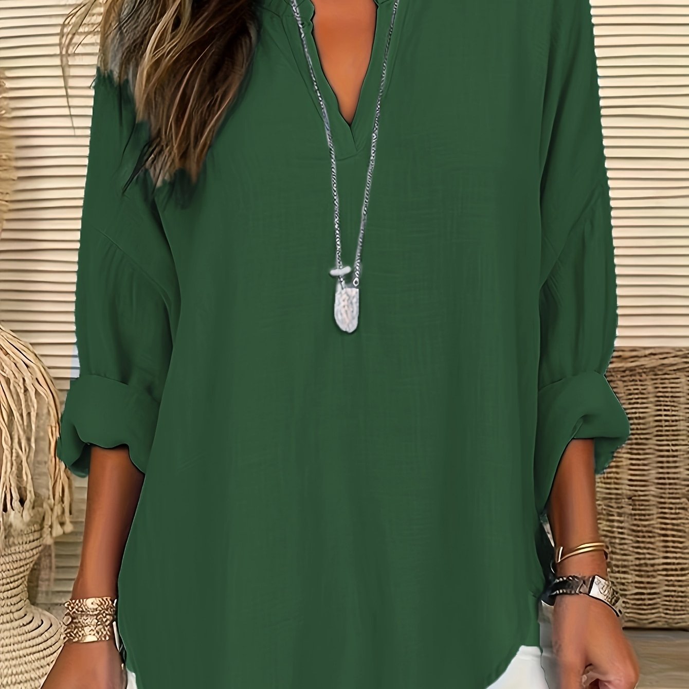 Spring And Summer V-neck Long Sleeved T-shirt Casual Loose Long Top