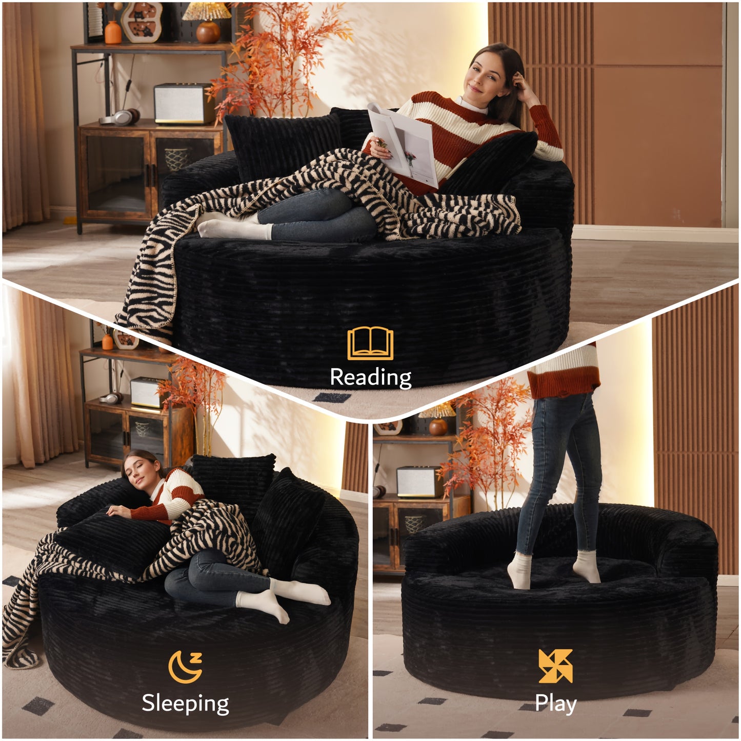 58.26" O-Shape Luxurious Modular Boneless Couch, Oversized Round Plush Corduroy Fabric Sofa, No Assembly Required Furniture Living Room Lounge Chair