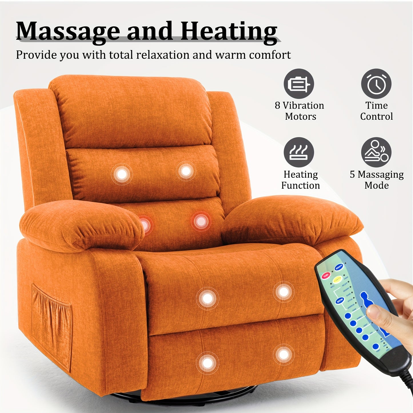 360° Rotating Extra-Large Recliner Chair with Massage & Heating Functions - Manual Adjustable Orange Cashmere Rocking Chair for Adults, Ergonomic Design with Side Pockets, Mother's Day/Father's Day Gift for Living Room, Chai