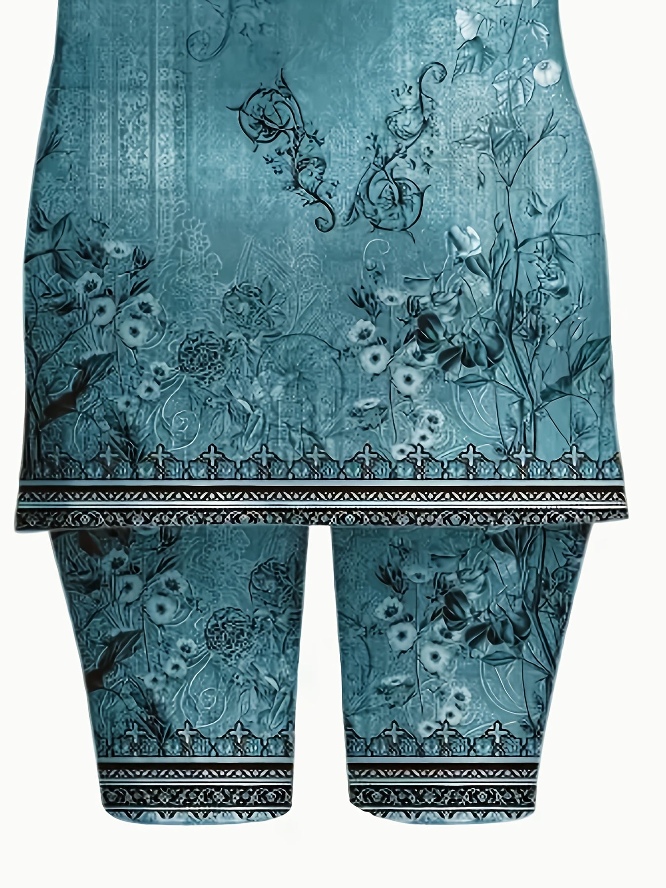 2pcs Women'S Casual Bohemian Print Short Sleeve Top and Shorts Set, Fashionable Short Sleeve Top with Side Slits and Tight Shorts, Comfortable Regular Home Wear Set, Round Neck Polyester Pullover