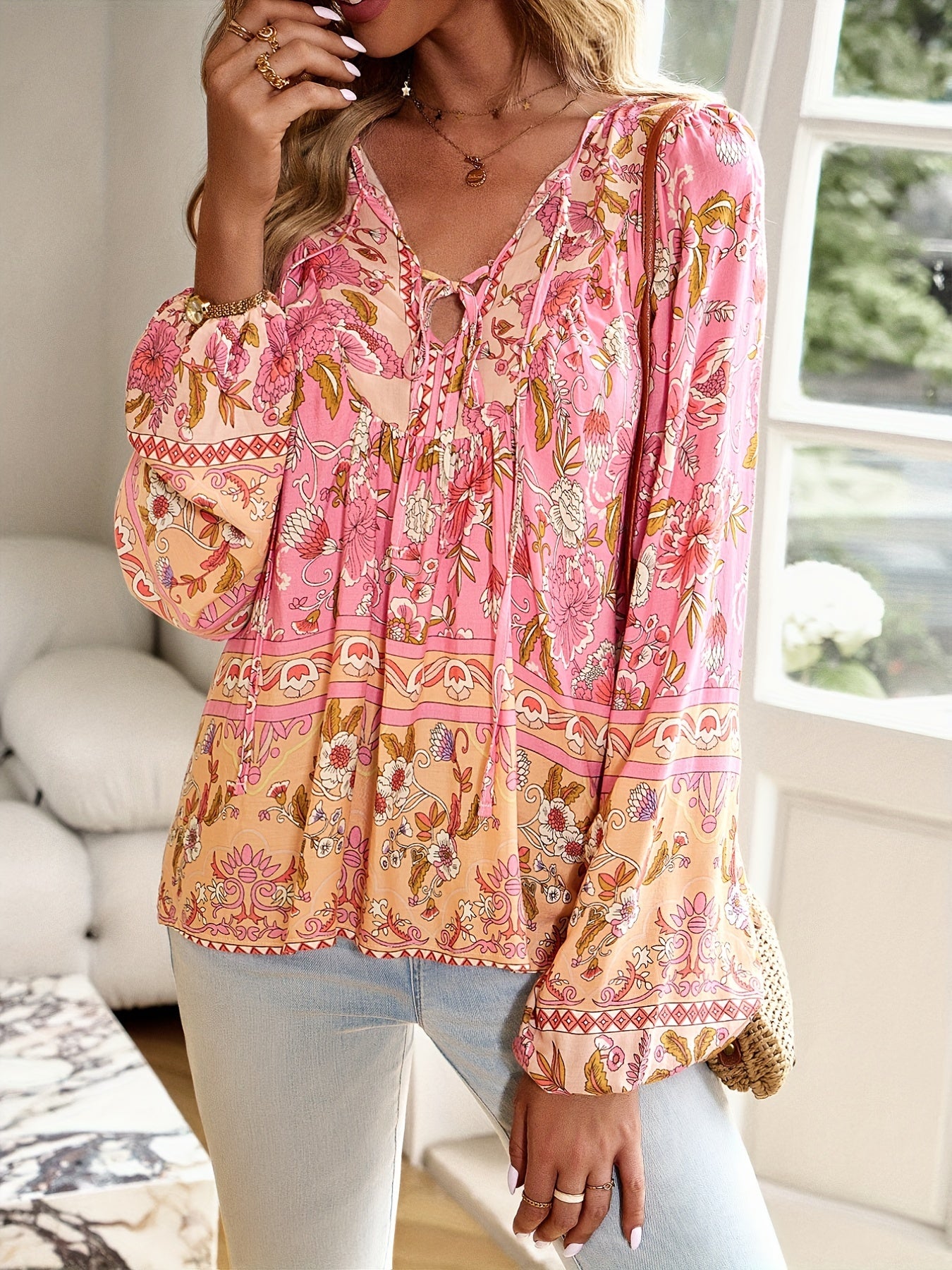 Boho Chic Floral V-Neck Blouse with Tie Detail - Long Sleeve, Casual Resort Wear for Women, Temperament, Fringed Shirt, Leisure Style, ALL/Global/All