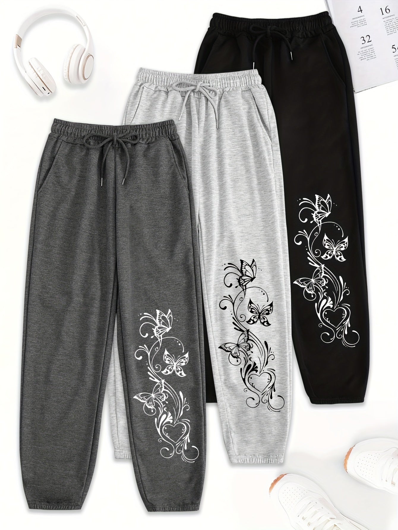 Women's 3-Pack Polyester Drawstring Sweatpants with Pockets - Loose Fit Casual All-Season Knit Joggers with Floral Print Detail