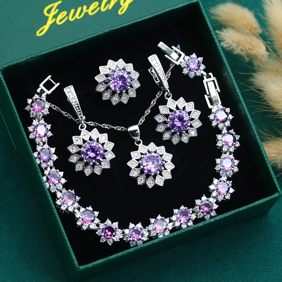 5pcs Vintage Style Christmas Jewelry Set - Purple Cubic Zirconia, Golden Plated Copper, Flower Design, Includes Earrings, Open Ring, Necklace, Pendant, Bracelet, Gift Box - Party & Gift Occasion Jewelry for Women