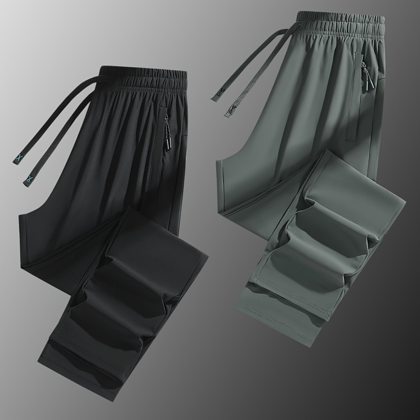 Two Pairs Of Summer Women's Long Pants, Solid-color Pants for Women, Elastic Drawstrings At The Waist, Hidden Zipper Pockets, Straight-leg Pants with Nylon And Spandex Medium-elastic Fabric, Ice Silky Quick-drying Pants, Wome