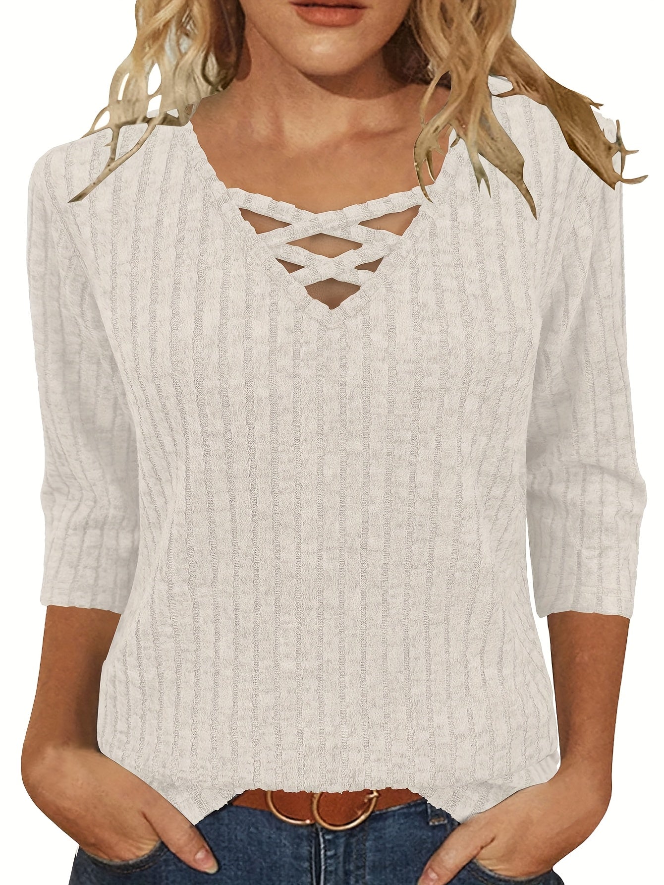 Women'S Casual 3/4 Sleeve V-Neck Top - Lightweight Loose Fit Pullover Shirt with Crisscross Front Detail, All-Season Comfort, Solid Color, Versatile for Casual Attire & Layering, Relaxed Outfit, Stylish Pullover, Quality Stit