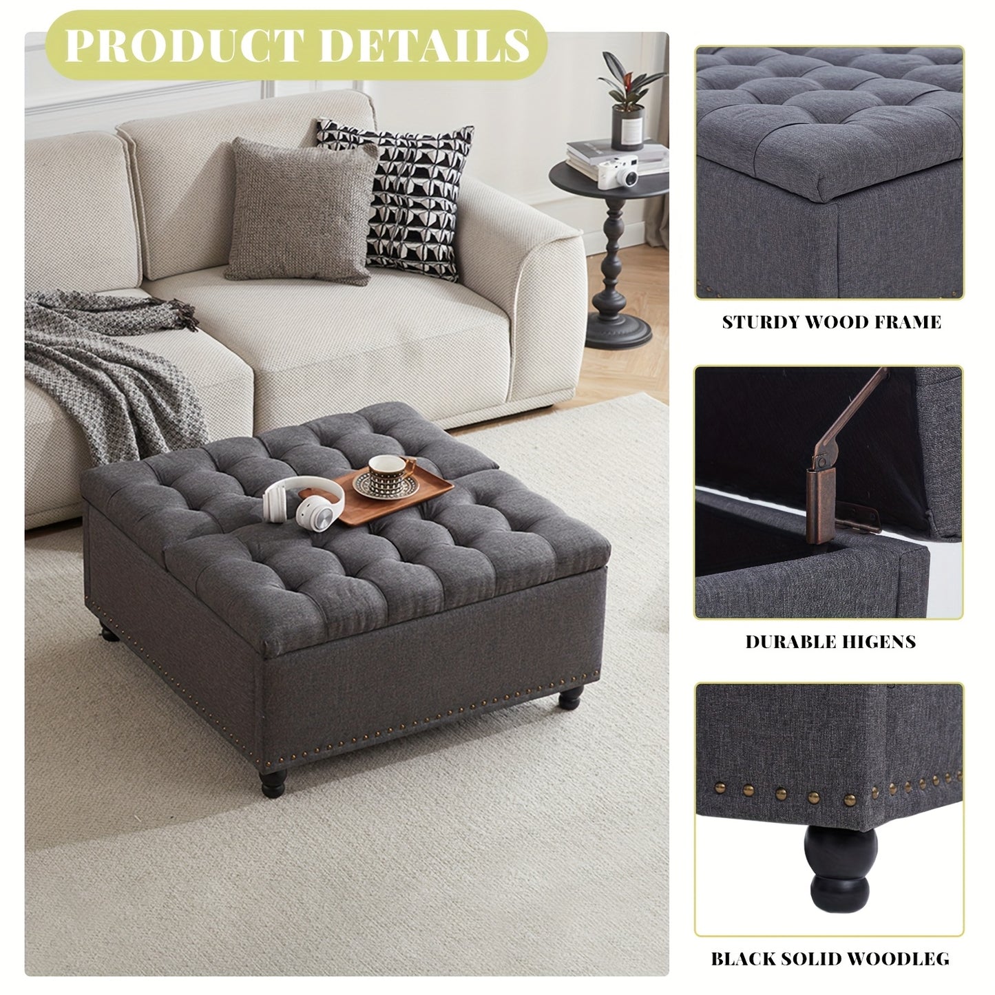 Large Square Storage Ottoman Bench, Square Tufted Upholstered Coffee Table Ottoman With Storage, Toy Box, Ottoman For Living Room, Oversized Storage Bench, Bedroom Ottoman, Entryway, Coffee Table For Living Room