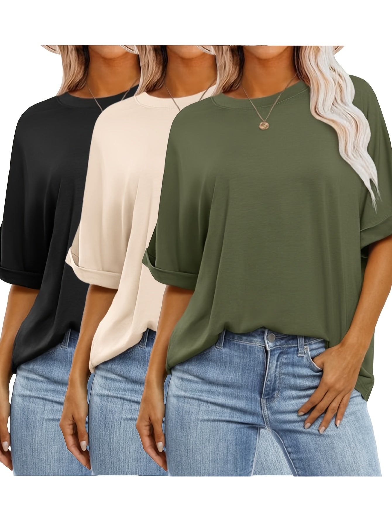Three-Piece Women's Top Set Oversized T-Shirt Short Sleeve Round Neck Summer Casual Loose Basic Tee 2025 Trendy Fashion Clothing