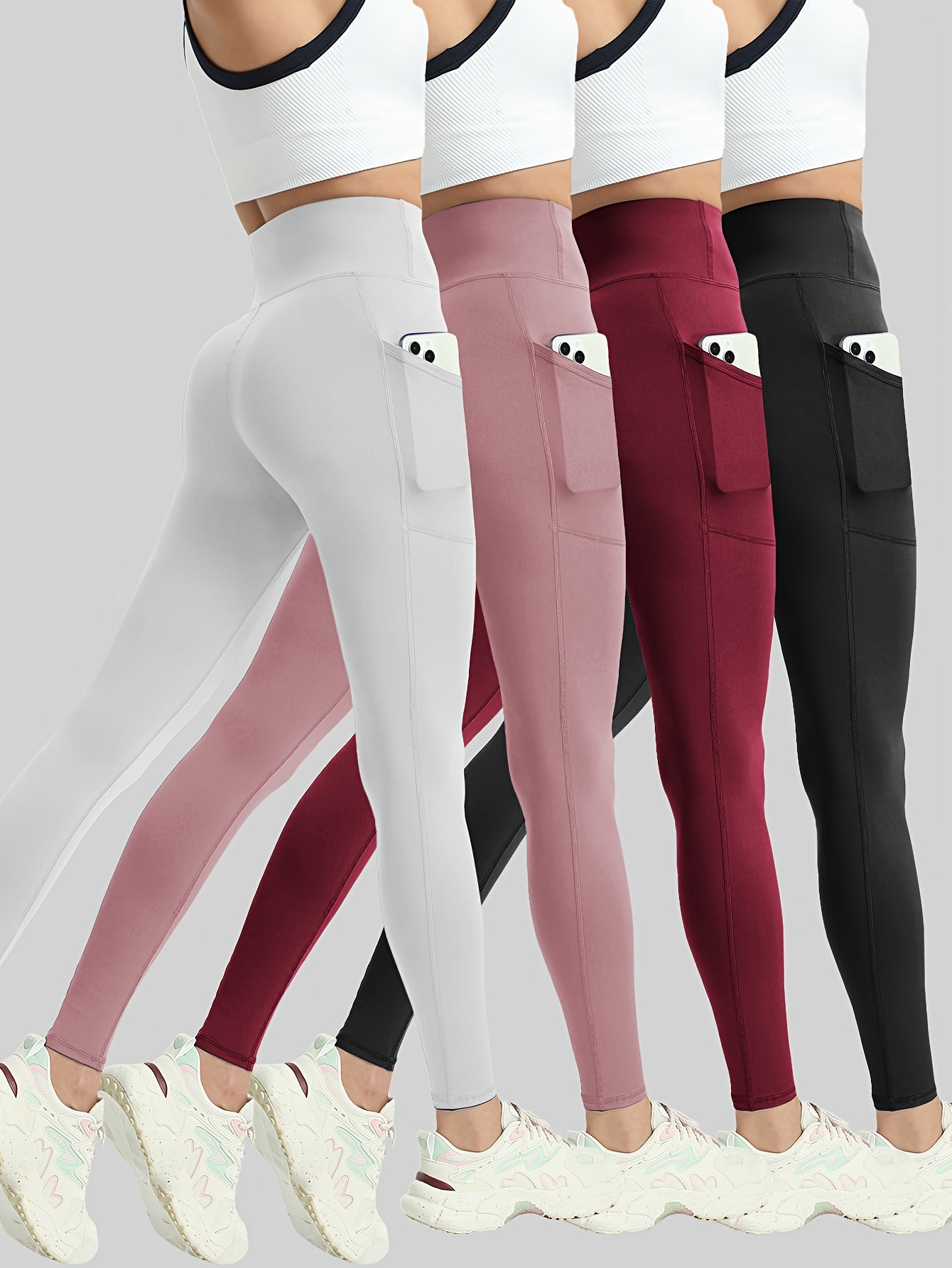 4pcs Women'S Plus Size High Waist Tummy Control Yoga Leggings with Pockets - Stretchy, Non-See-Through Workout Pants in White, Pink, Maroon, Black - Perfect for Gym, Fitness & Casual Wear, Yoga Pants