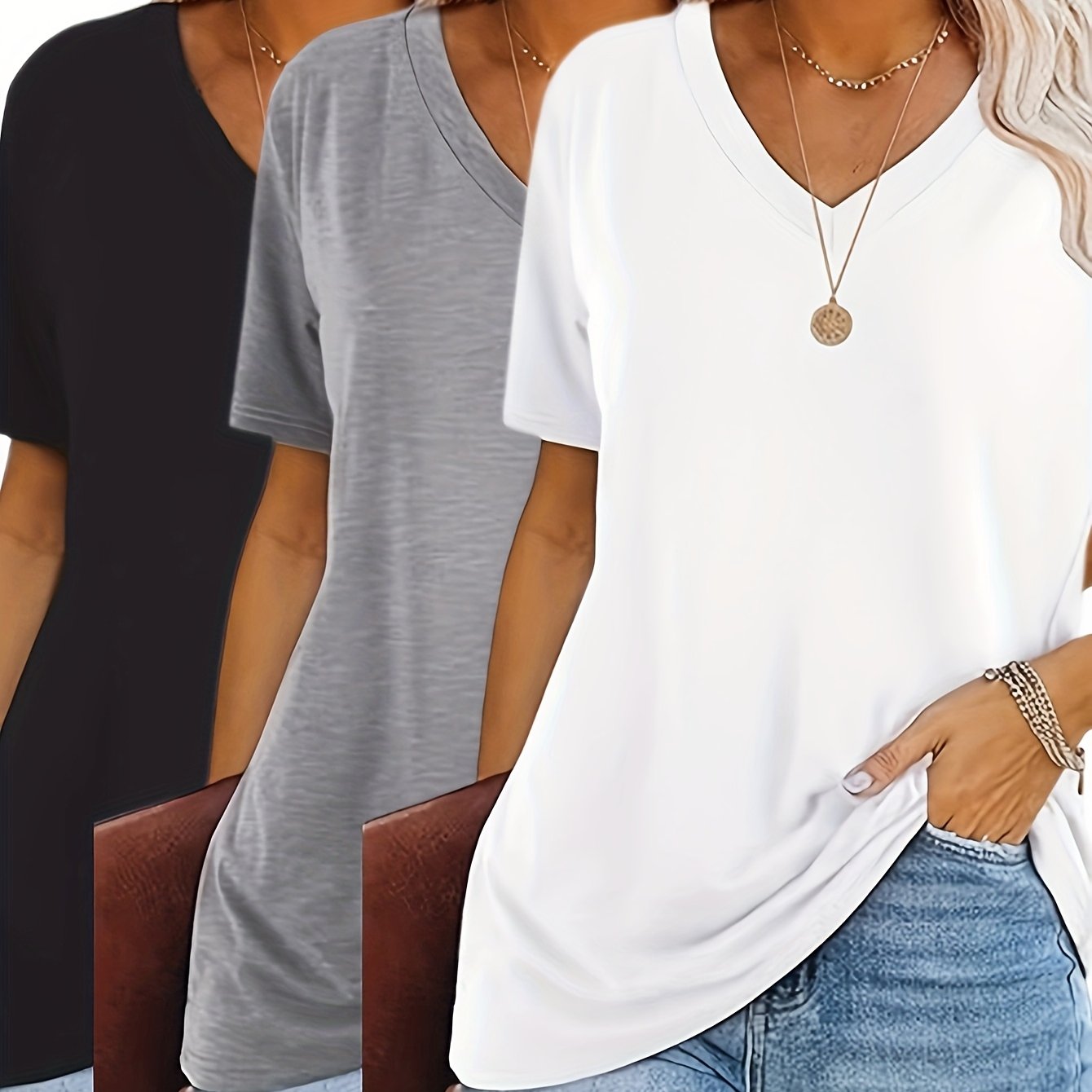 2025 European and American Fashion Casual Loose Print V-Neck T-Shirt Three-Piece Set