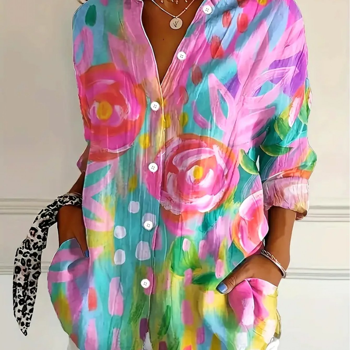 Women'S Lightweight Floral Print Button-Up Shirt - Long Sleeve Collared Blouse with Vibrant Pink, Blue, Yellow & Green Floral Pattern, Elegant Single-Breasted Design for Spring/Summer, Versatile Casual to Formal Wear, Floral