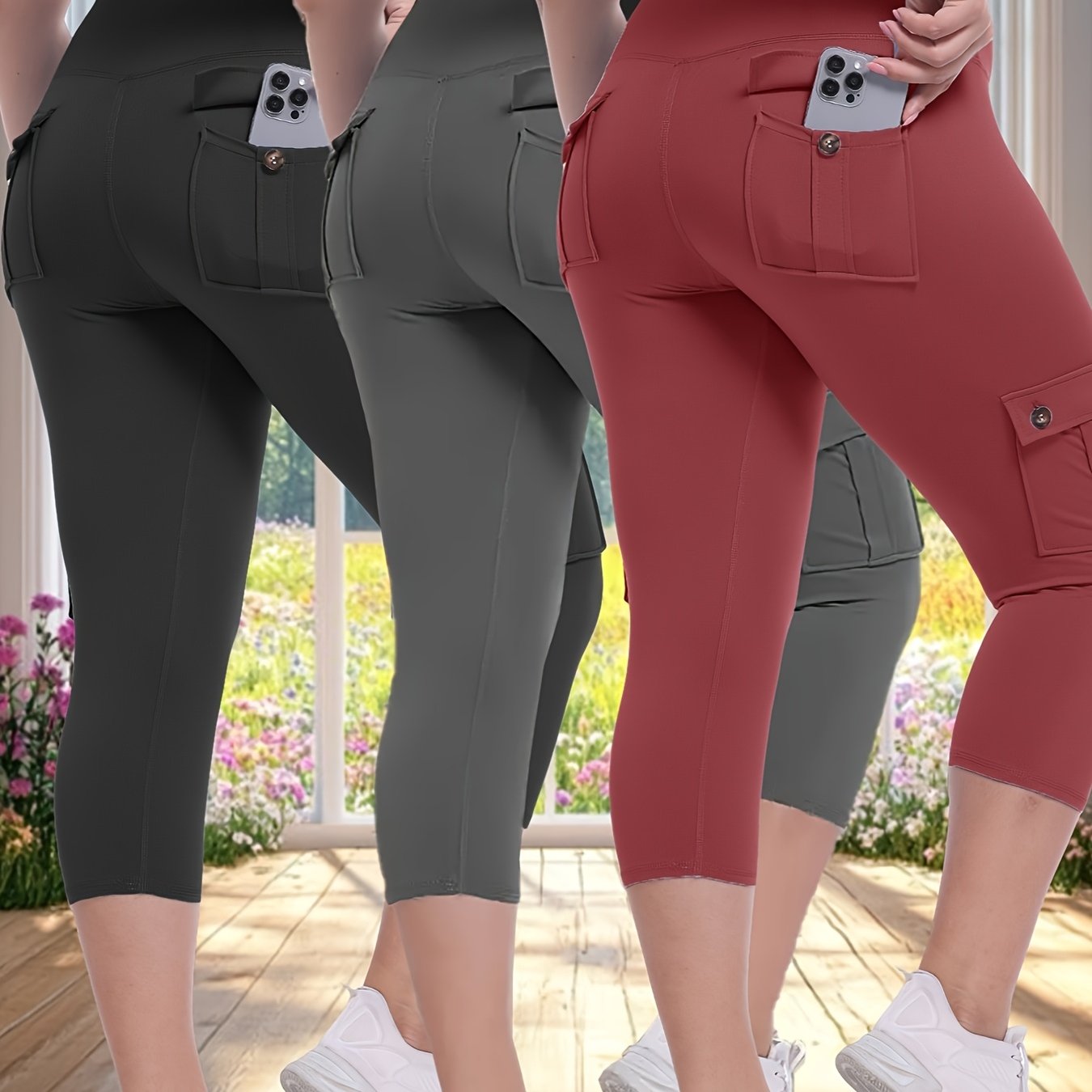 3pcs Women'S High-Waisted Yoga 7/10 Pants with Pockets - Stretch Running And Sports Leggings, Button Design, Solid Color, Comfortable Polyester Blend Fabric.