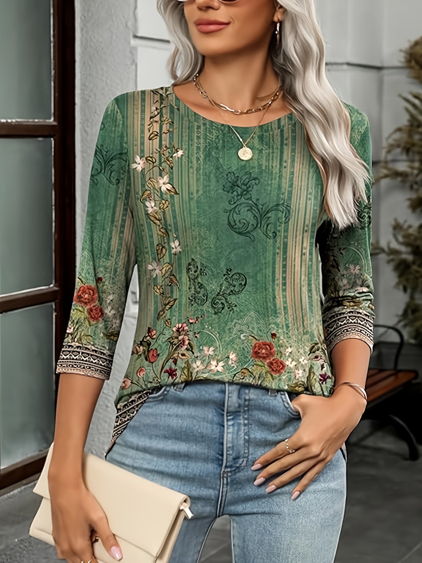 Women'S Casual Three-quarter Sleeve Top Round Neck Casual Printed T-shirt
