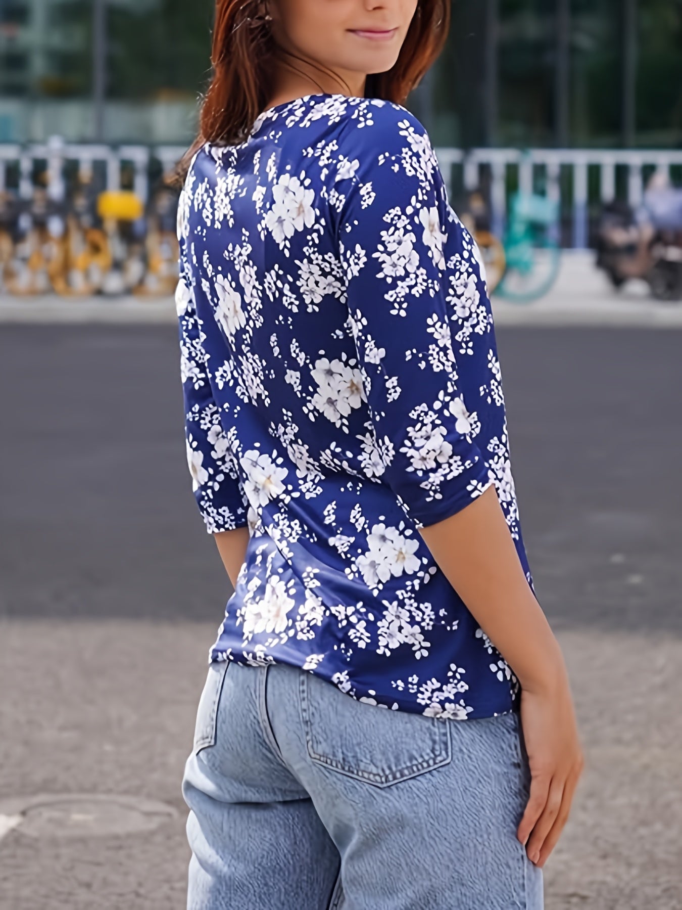 Women'S Casual Three-quarter Sleeve Top Round Neck Casual Printed T-shirt