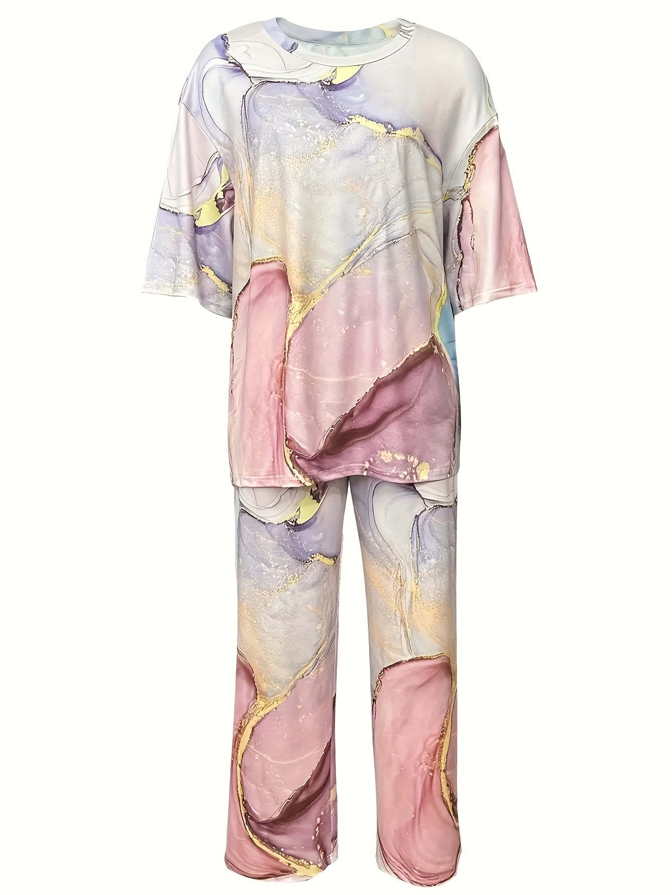 Wavy print round neck short sleeve top paired with straight leg loose pants two-piece set