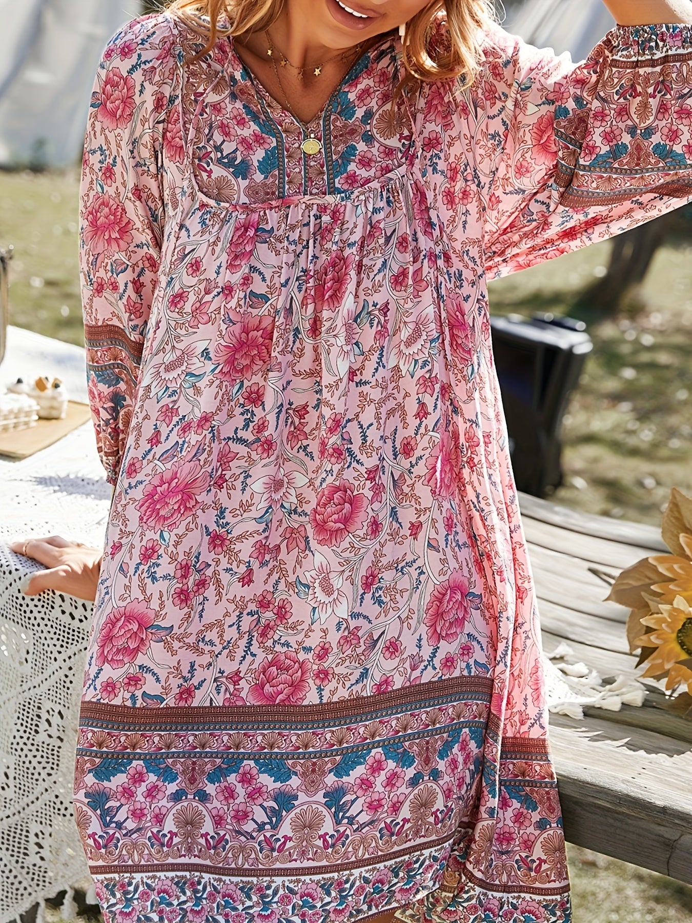 ZAFUL Summer Loose Elegant Dress, Women'S Thin Light Color Breathable Princess Sleeve Shrink Cuff, Fashion Vacation Storm Simia Style Design Deep V Lace Dress, Vacation Flower Pattern Women'S Vacation Dress