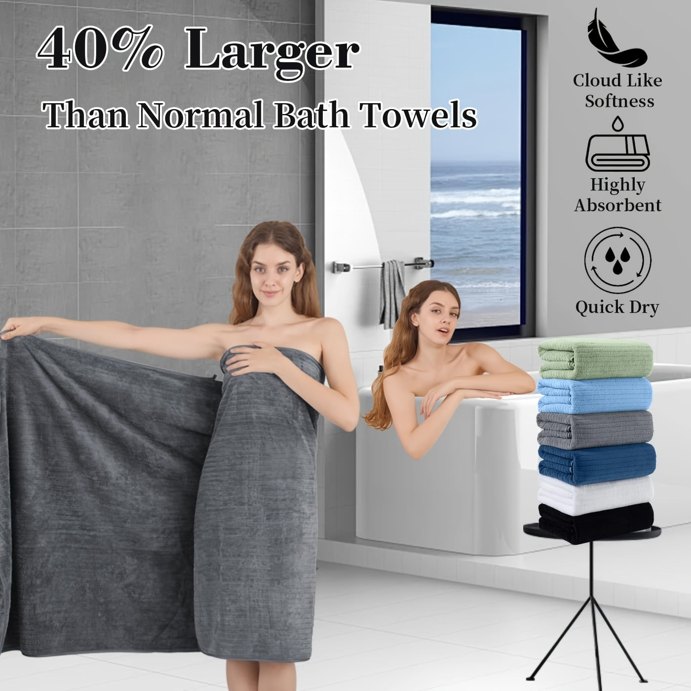 4pcs Shower Towels (Oversized) - Extra-Large Size, Microfiber Material, Soft & Fluffy + Highly Absorbent & Quick-Drying, Suitable for Bathroom/ Hotel/ Spa Use