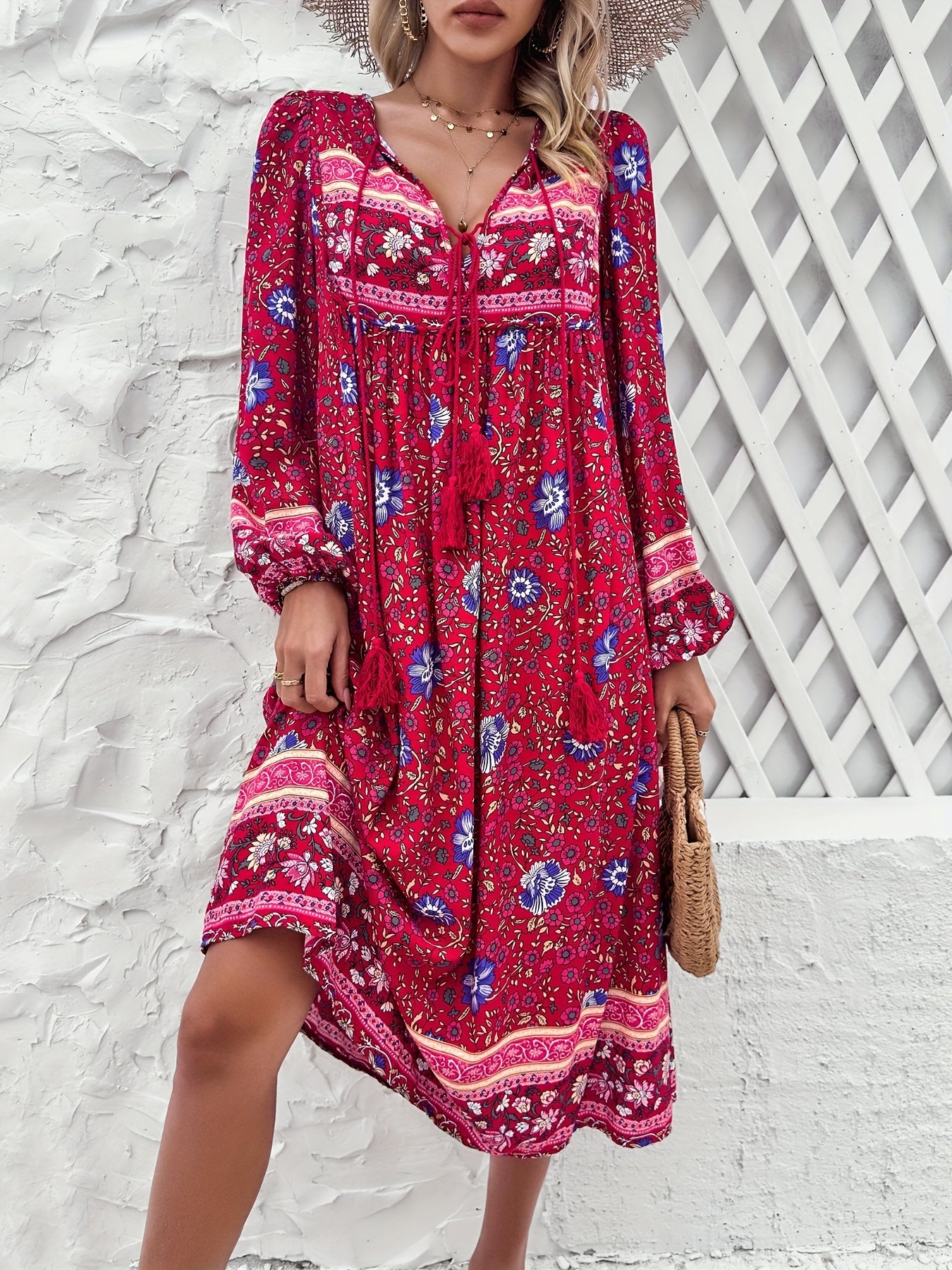 ZAFUL Women's Casual Loose Bohemian Tassel Print Long Sleeve Dress