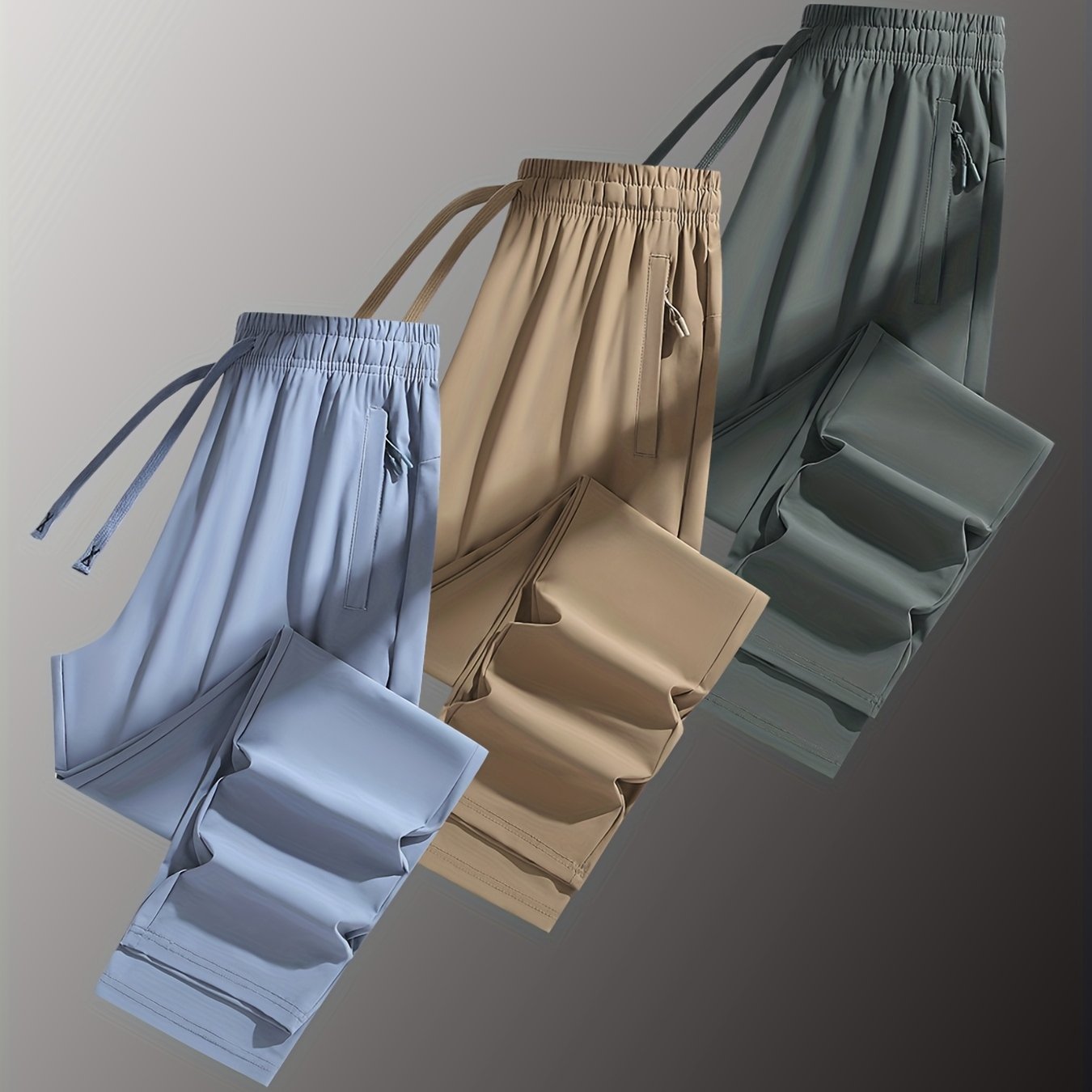 Three Pairs of Summer Women's Solid Color Long Pants with Elastic Drawstring Waist, Hidden Zipper Pockets, Nylon-Spandex Blend for Stretchy Straight-Leg Fit, Quick-Dry Fabric, Suitable for Daily Outings, Leisure, And Workouts