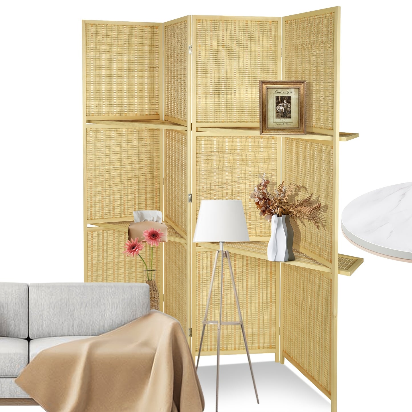 Room Divider With Shelves, Bamboo Room Divider 4 Panel, Folding Screen, Room Dividers And Folding Privacy Screen, Portable Room Divider Screen For Home Office Studio Apartment Garage