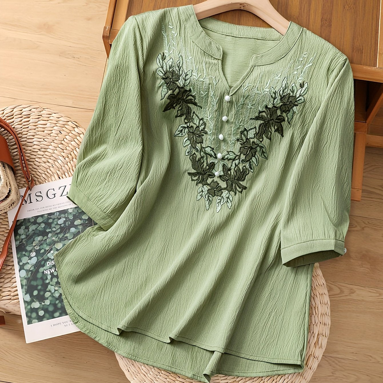 Women'S Elegant Floral blouse - Light Blue V-Neck Blouse with Floral pattern, Three-fourth Sleeve Non-See-Through Shirt for Office, Wedding, Party - Spring/Fall/Summer Everyday & Formal Tops, Floral Print Blouse, Seasonal Fas