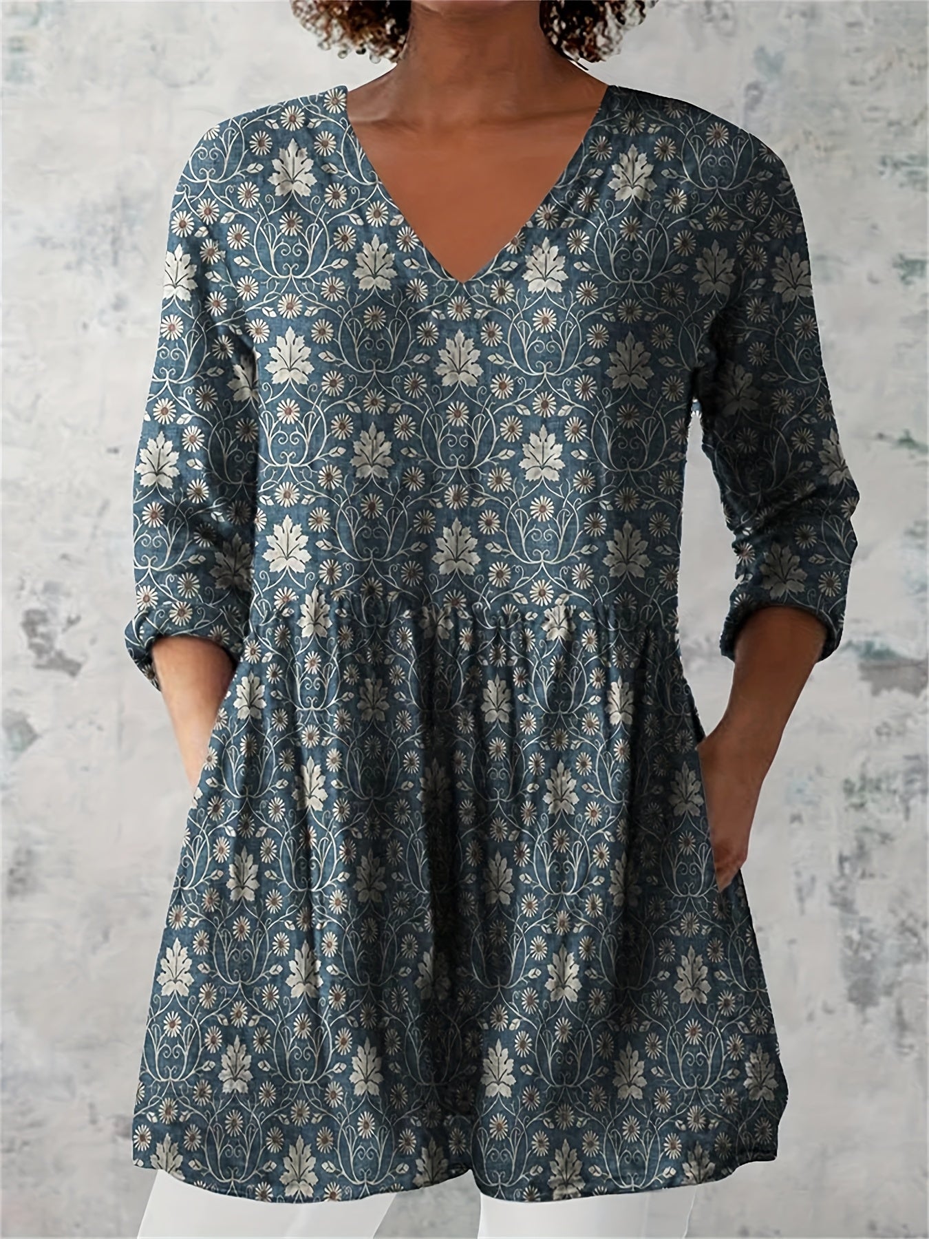 Women's Retro Floral Print Casual And V-neck Top, Loose Casual Mature Style