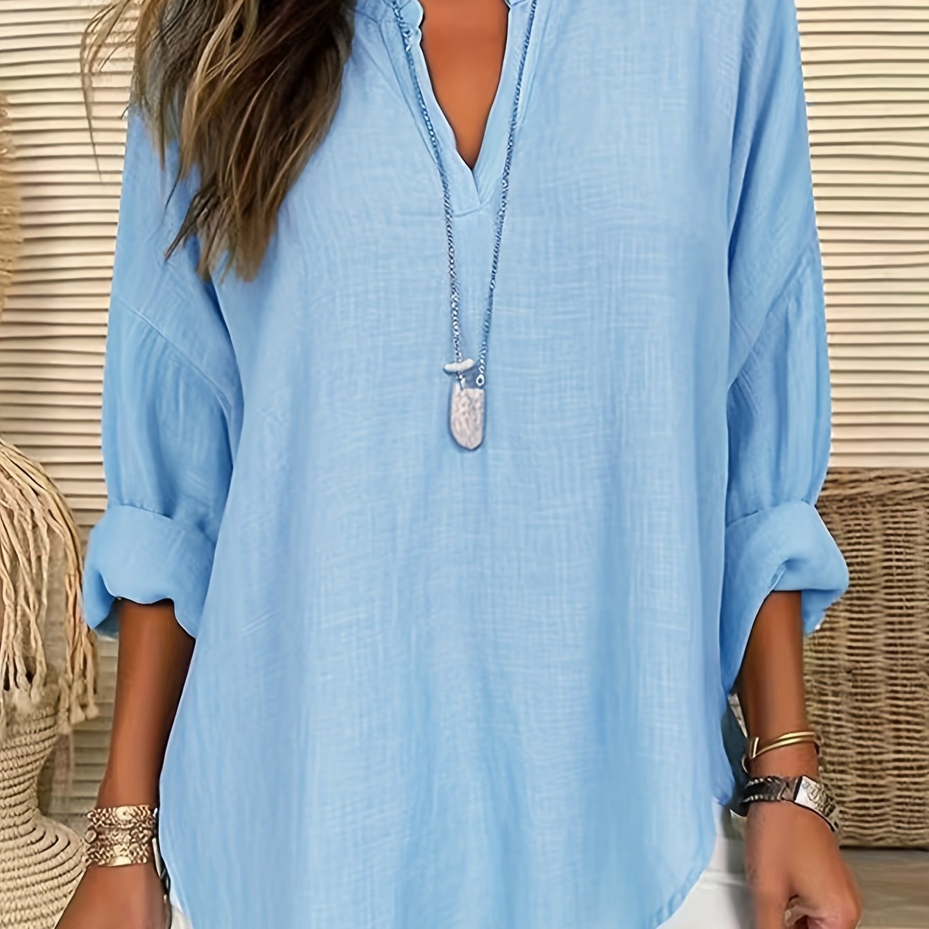 Spring And Summer V-neck Long Sleeved T-shirt Casual Loose Long Top
