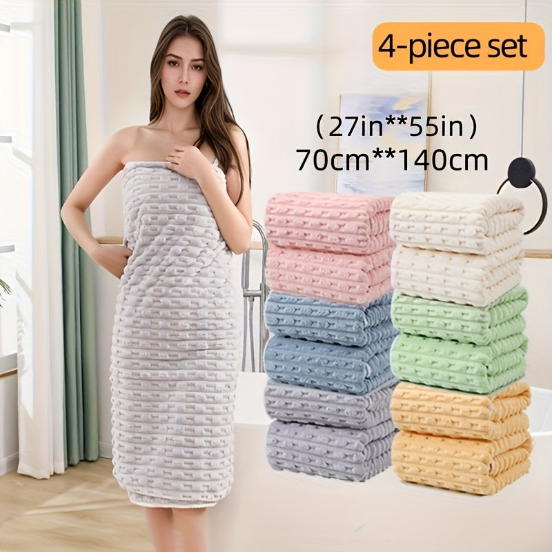 4pcs Waffle Weave Bath Towel Set, Super Absorbent Microfiber Towels, Quick-Dry Textured Towels, Soft Spa & Fitness Towels, Durable for Everyday Use, with Polyester 85%, Nylon 15% - Contemporary Geometric-Pattern Oblong Towel