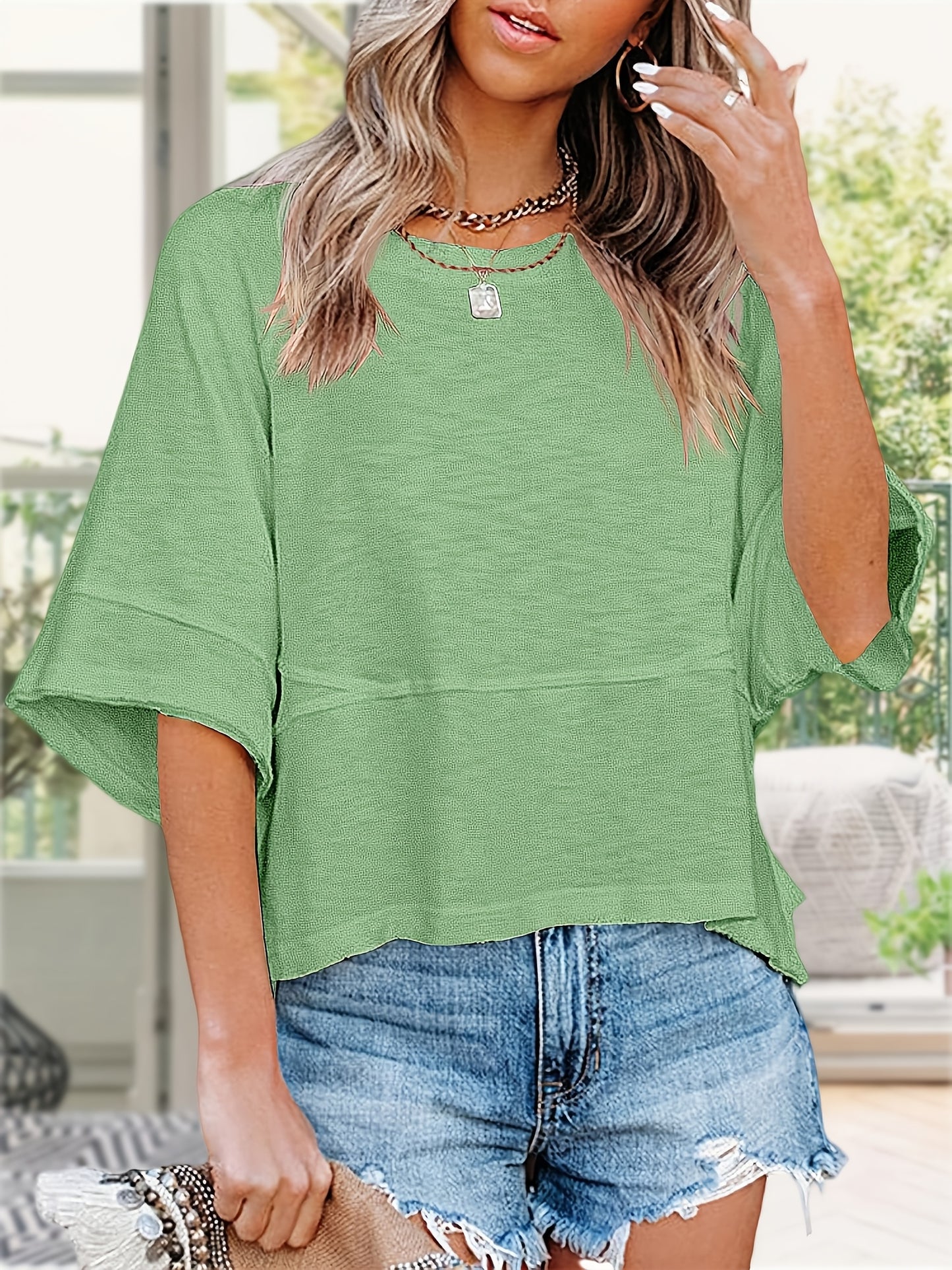 Women'S Summer Casual Crewneck Batwing Half Sleeve T-Shirts Solid Color Loose Fit Cute Basic Flowy Tops Tees Blouses